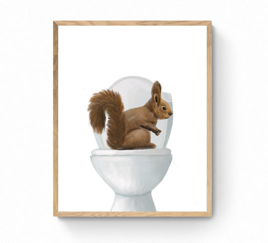 Squirrel On Toilet Print, Animals Illustration Art, Bathroom Wall Art, Woodland Animal Painting, Squirrel Artwork, Animal Lover Gift - MerikaArt