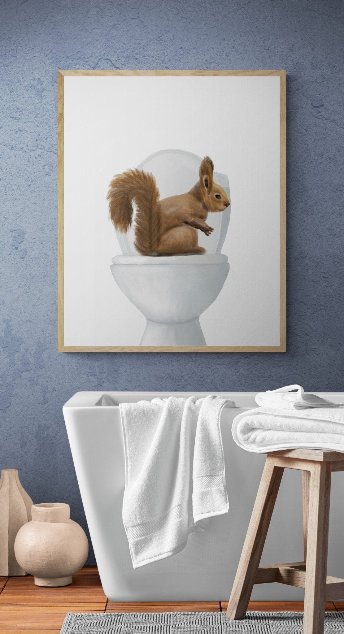 Squirrel On Toilet Print, Animals Illustration Art, Bathroom Wall Art, Woodland Animal Painting, Squirrel Artwork, Animal Lover Gift - MerikaArt