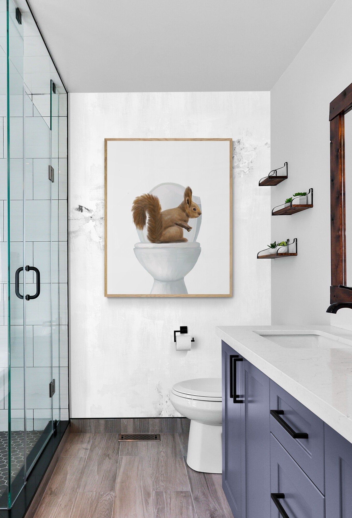 Squirrel On Toilet Print, Animals Illustration Art, Bathroom Wall Art, Woodland Animal Painting, Squirrel Artwork, Animal Lover Gift - MerikaArt