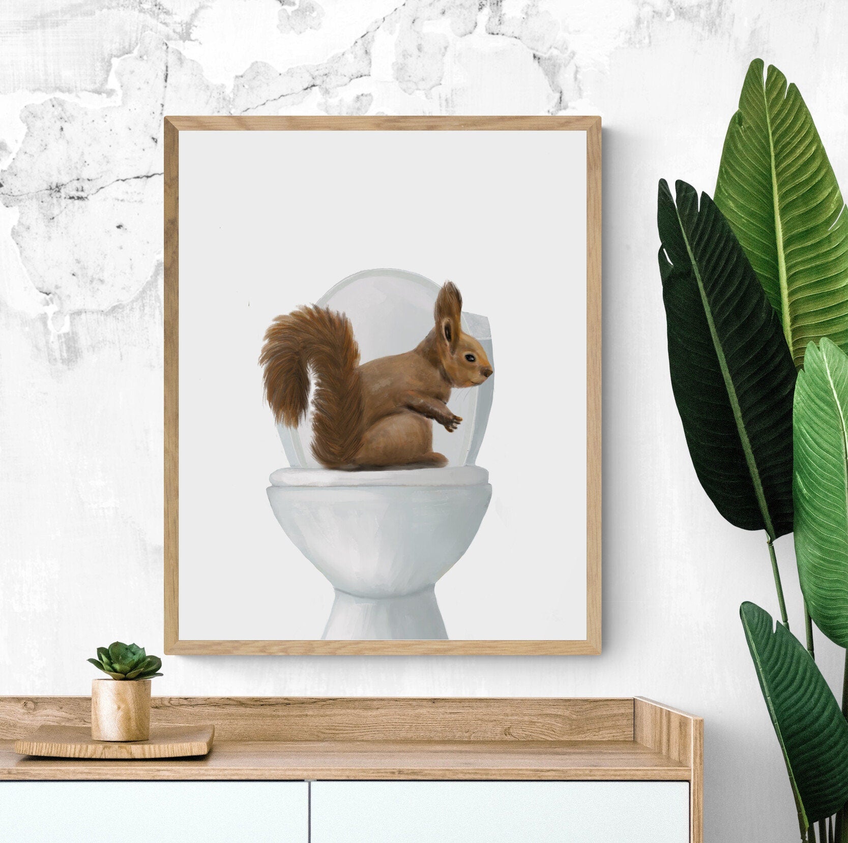 Squirrel On Toilet Print, Animals Illustration Art, Bathroom Wall Art, Woodland Animal Painting, Squirrel Artwork, Animal Lover Gift - MerikaArt