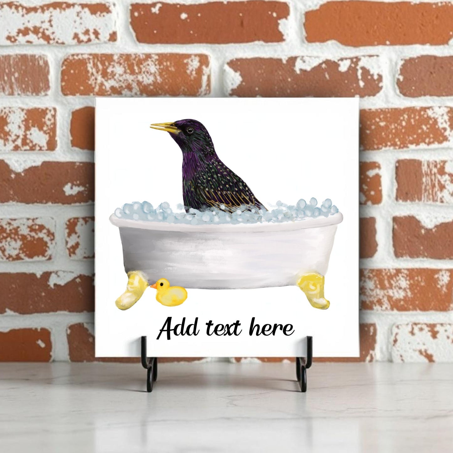 Starling in Bathtub Ceramic Tile – Handcrafted Whimsical Bird Decor - MerikaArt