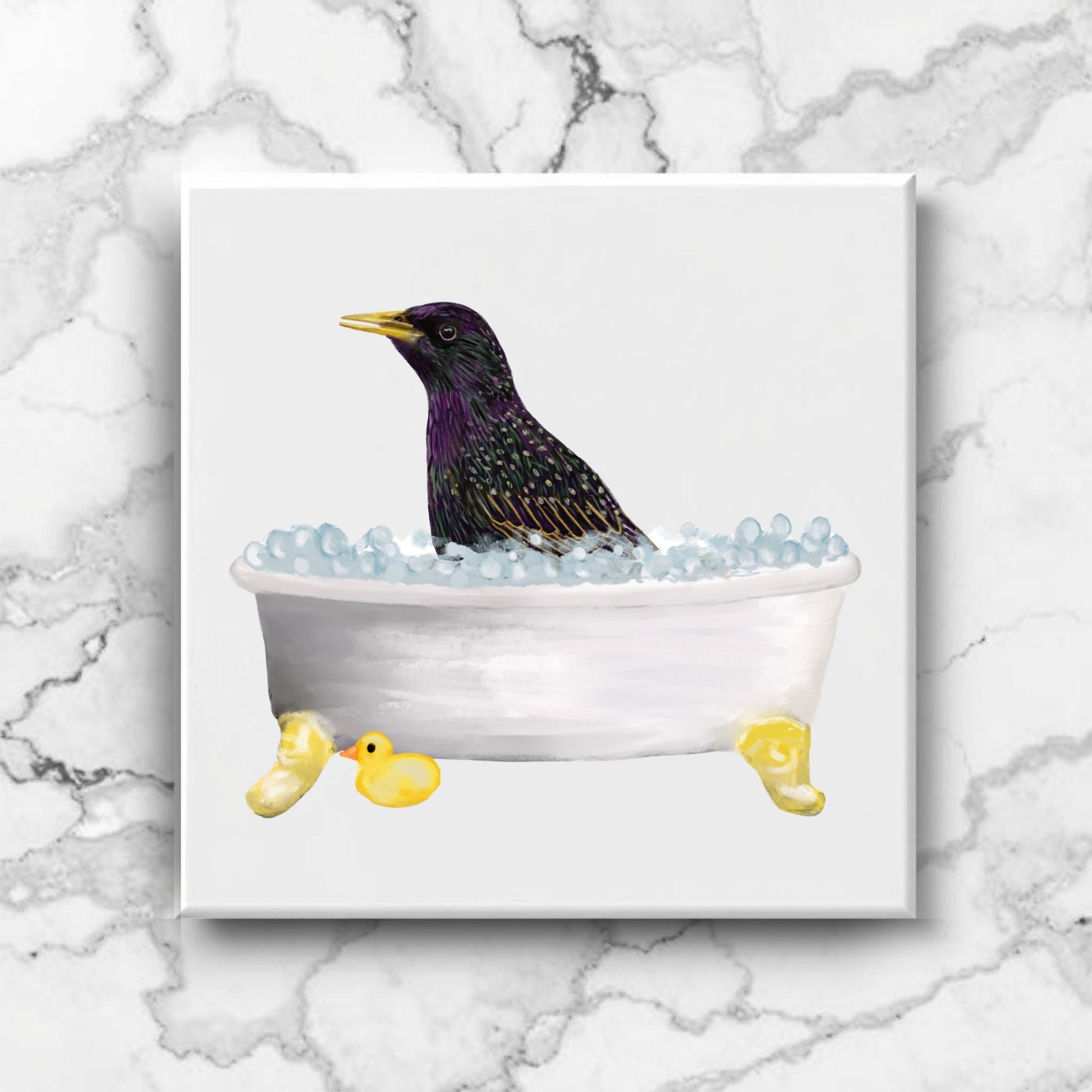 Starling in Bathtub Ceramic Tile – Handcrafted Whimsical Bird Decor - MerikaArt