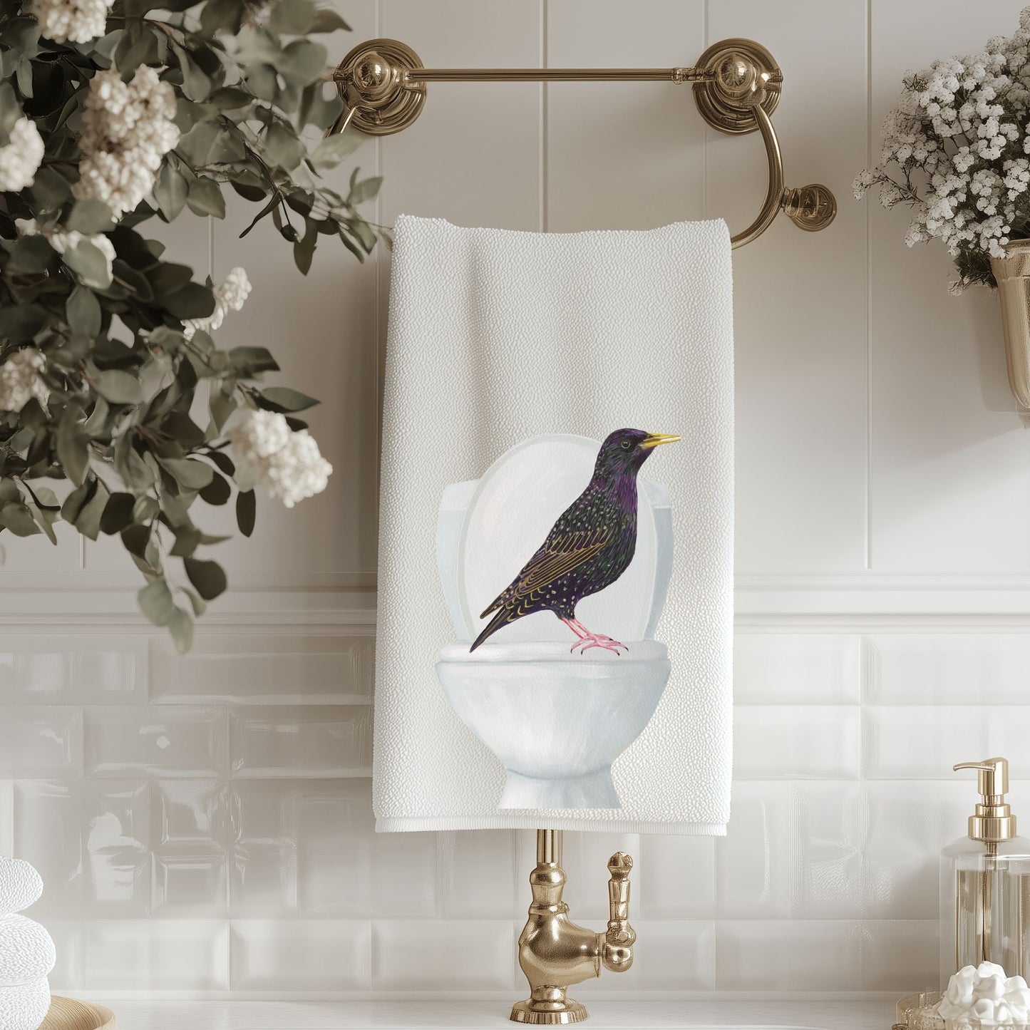 Starling on Toilet Bathroom Towel - MerikaArt