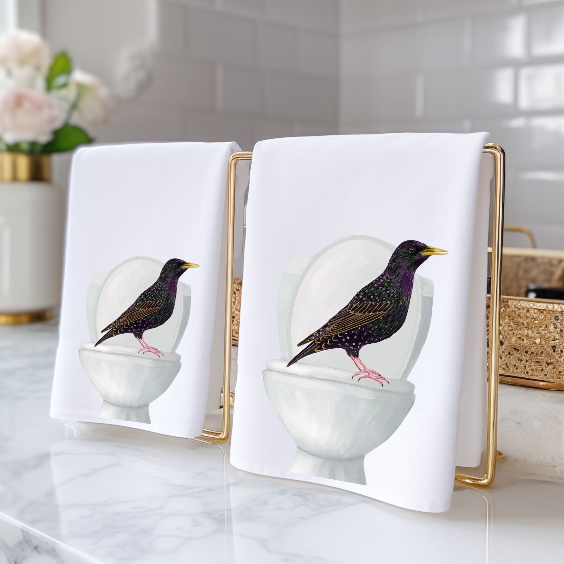 Starling on Toilet Bathroom Towel - MerikaArt