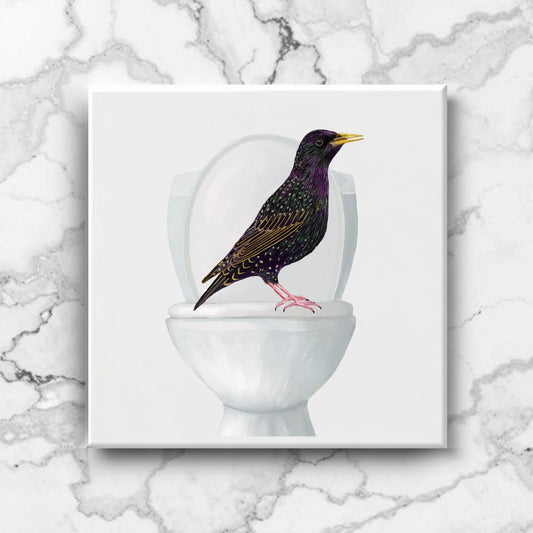 Starling on Toilet Ceramic Tile – Handcrafted Whimsical Bird Decor - MerikaArt