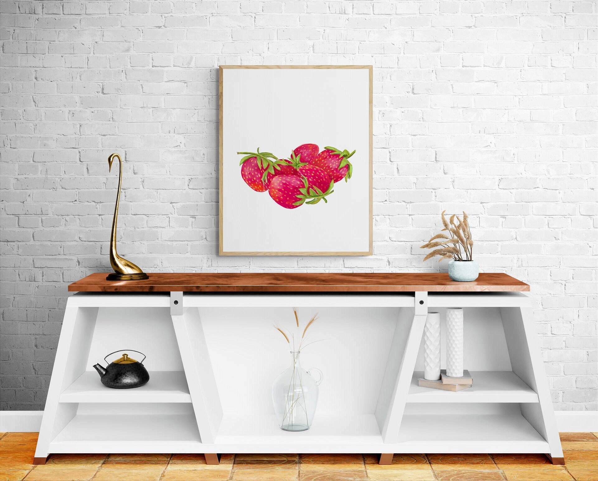 Strawberry Art Print, Strawberry Wall Art, Kitchen Wall Hanging, Dining Room Decor, Berry Painting, Fruit Illustration, Farmhouse Wall Decor - MerikaArt