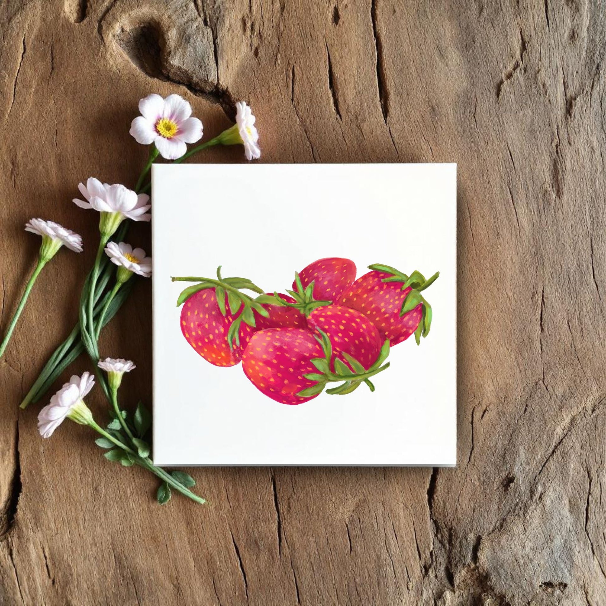 Strawberry Cluster Ceramic Tile – Handcrafted Fruit - Inspired Decor - MerikaArt