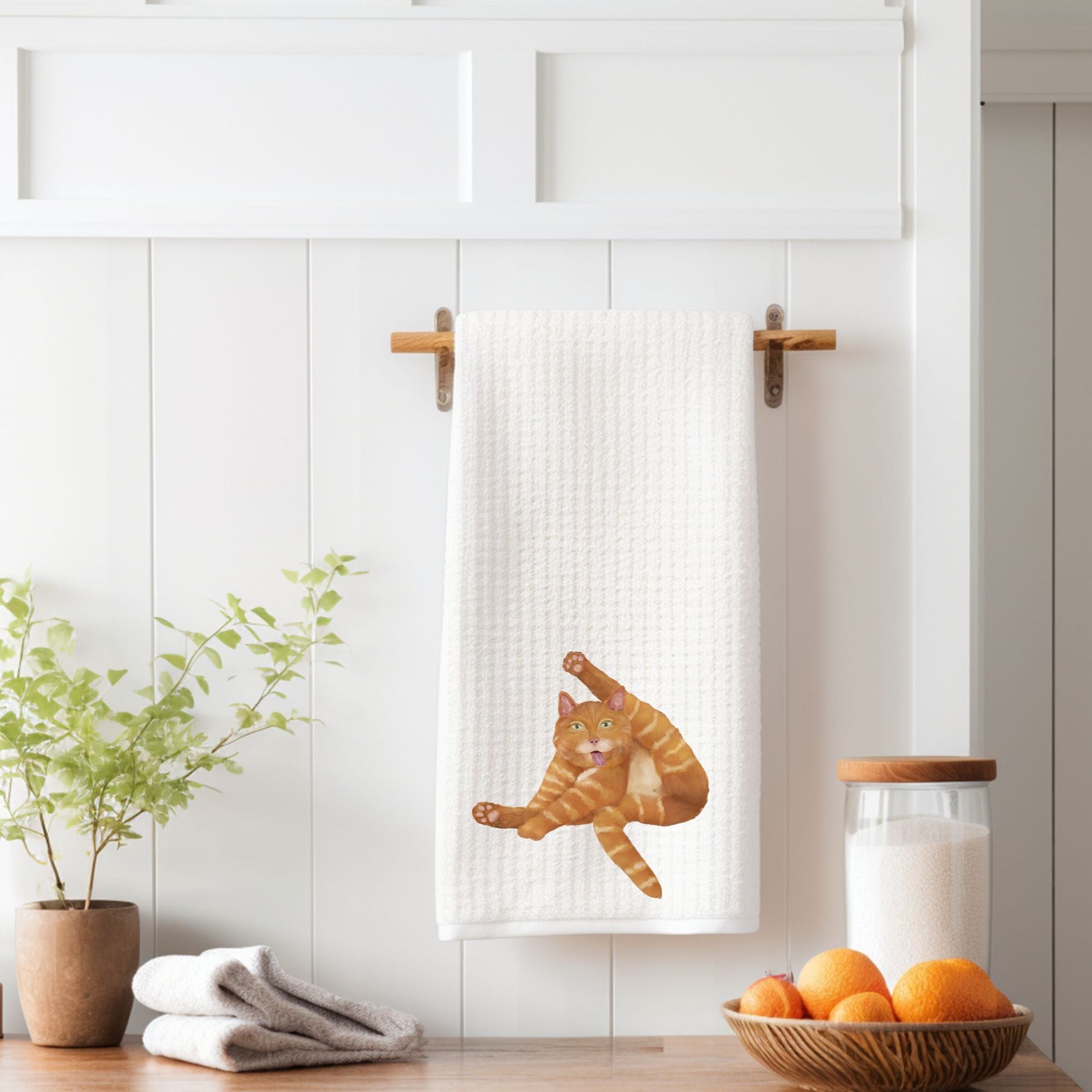 Stretching Orange Tabby Cat Waffle Weave Kitchen Towel - MerikaArt