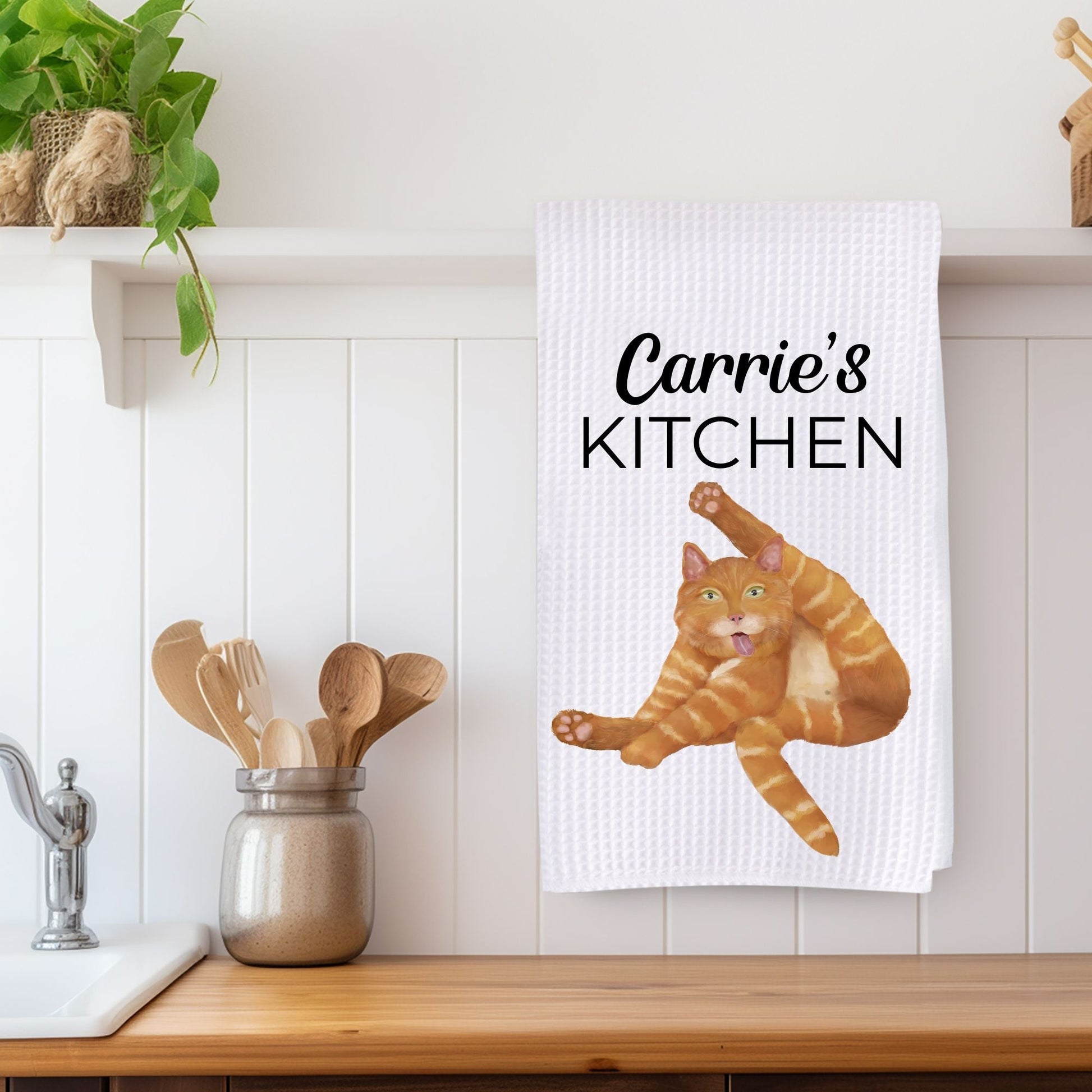 Stretching Orange Tabby Cat Waffle Weave Kitchen Towel - MerikaArt