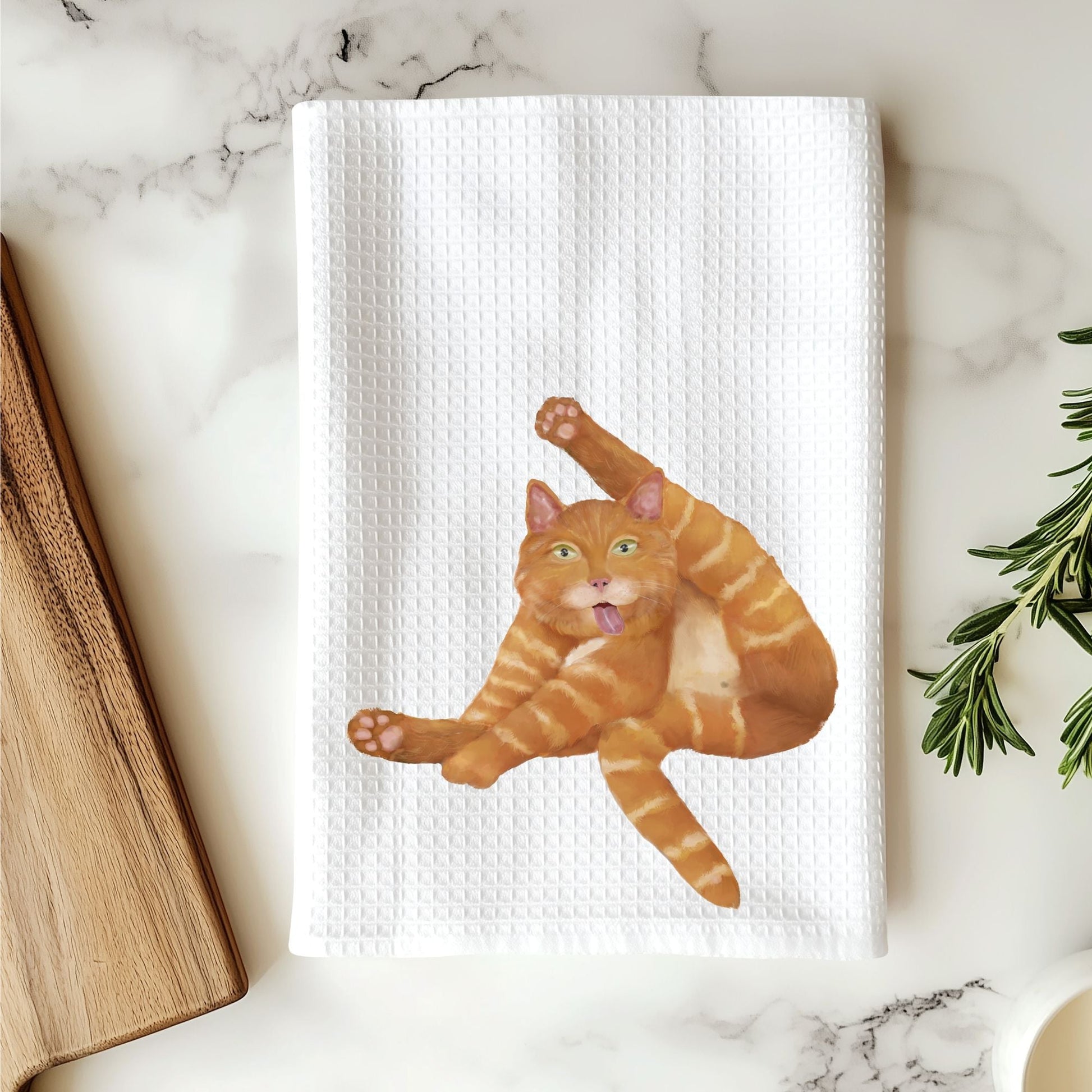 Stretching Orange Tabby Cat Waffle Weave Kitchen Towel - MerikaArt