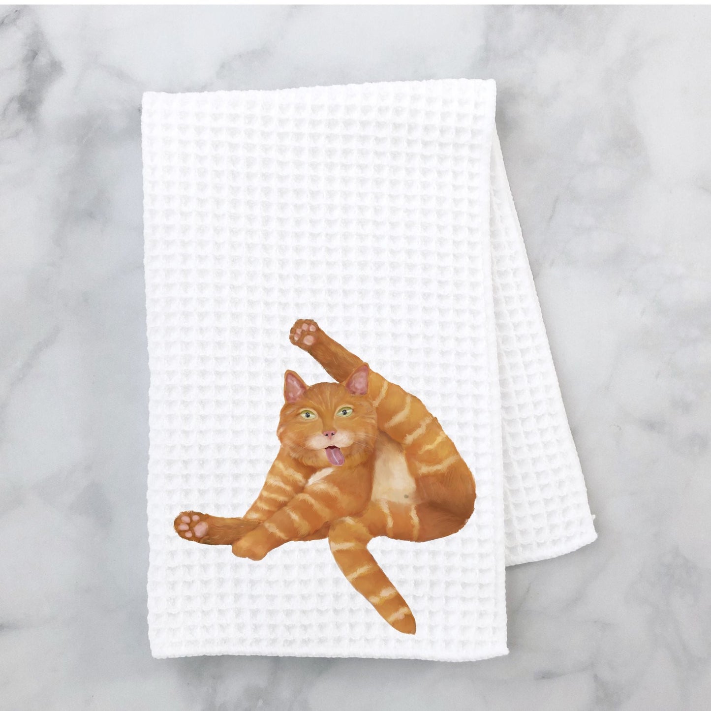 Stretching Orange Tabby Cat Waffle Weave Kitchen Towel - MerikaArt