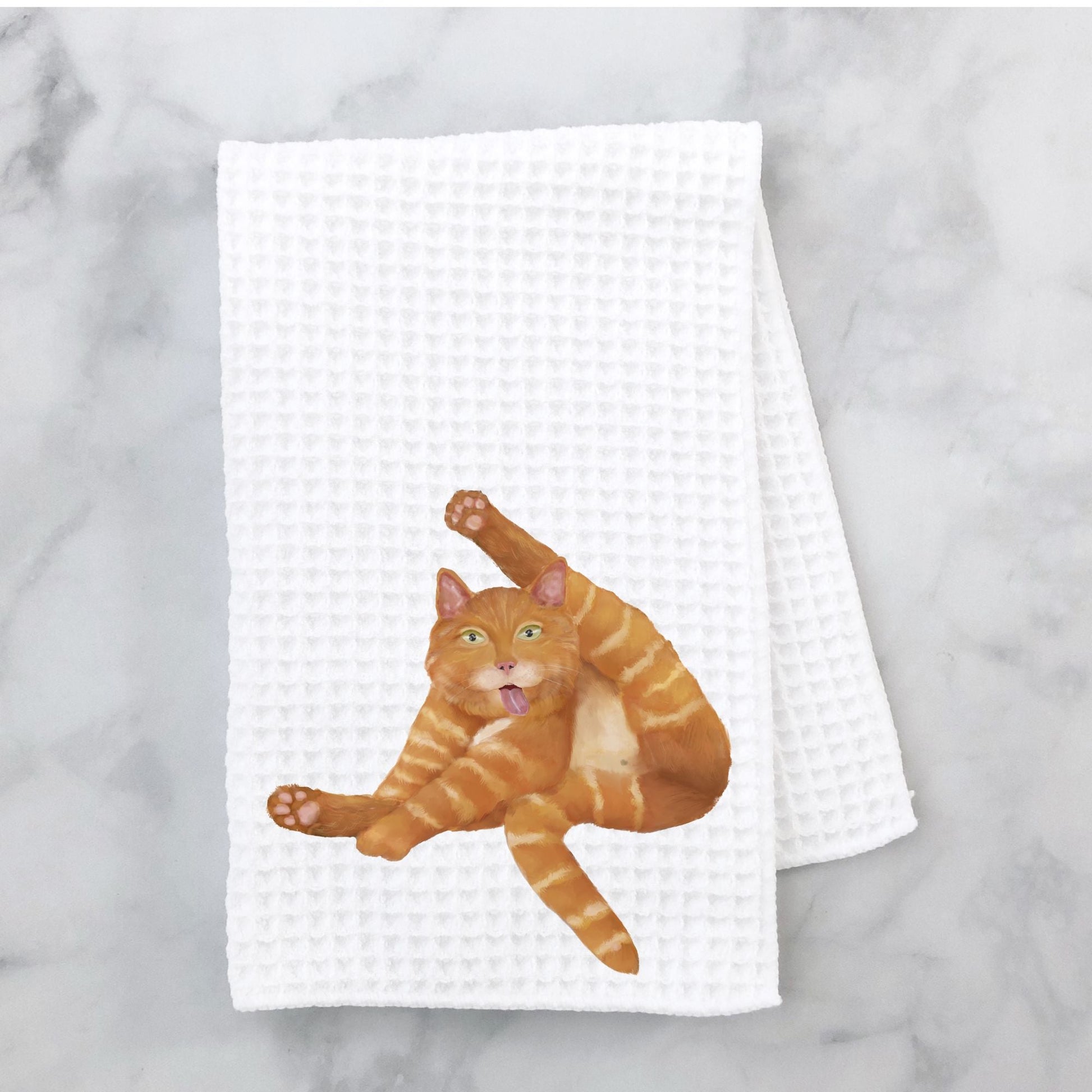 Stretching Orange Tabby Cat Waffle Weave Kitchen Towel - MerikaArt