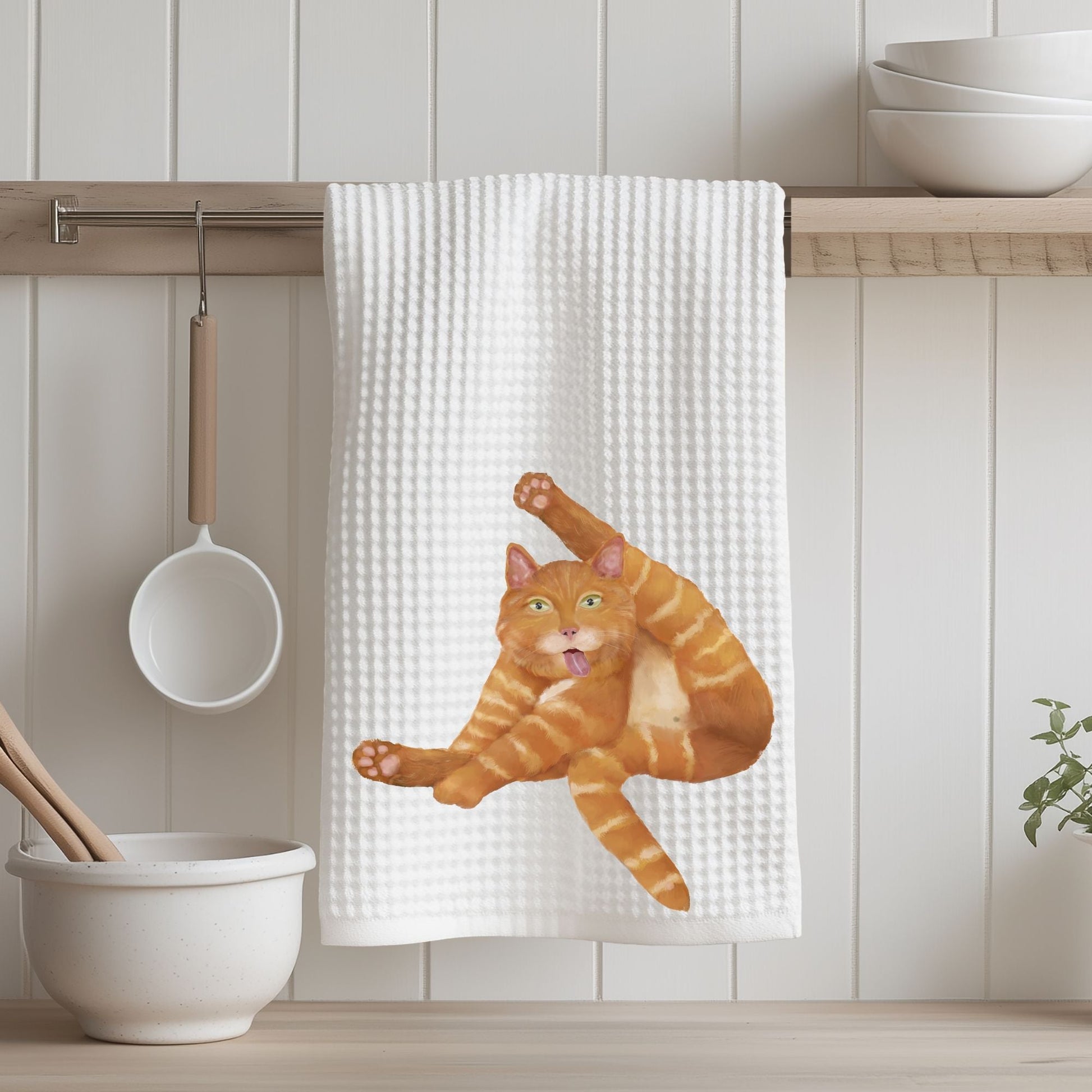 Stretching Orange Tabby Cat Waffle Weave Kitchen Towel - MerikaArt