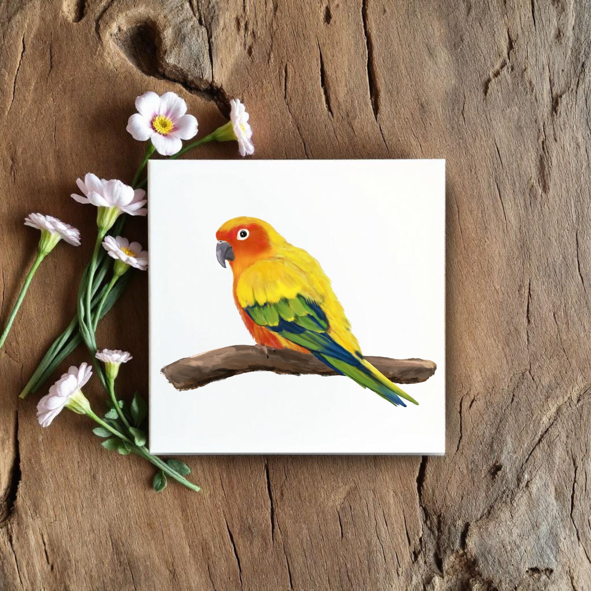 Sun Conure Ceramic Tile – Vibrant Handcrafted Bird Artwork - MerikaArt