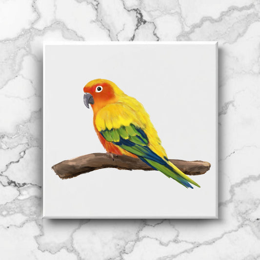 Sun Conure Ceramic Tile – Vibrant Handcrafted Bird Artwork - MerikaArt