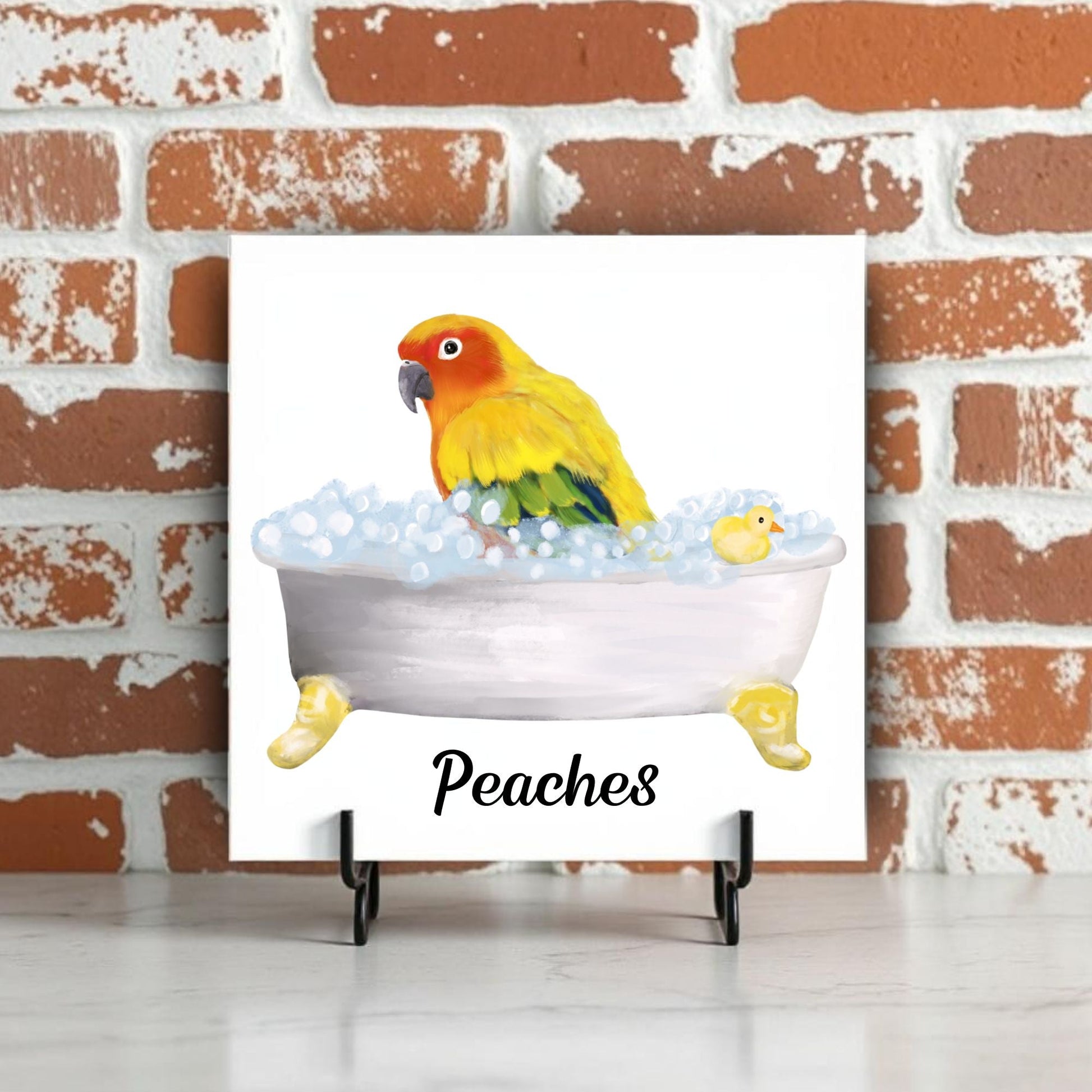 Sun Conure in Bathtub Ceramic Tile – Handcrafted Whimsical Bird Art Decor - MerikaArt