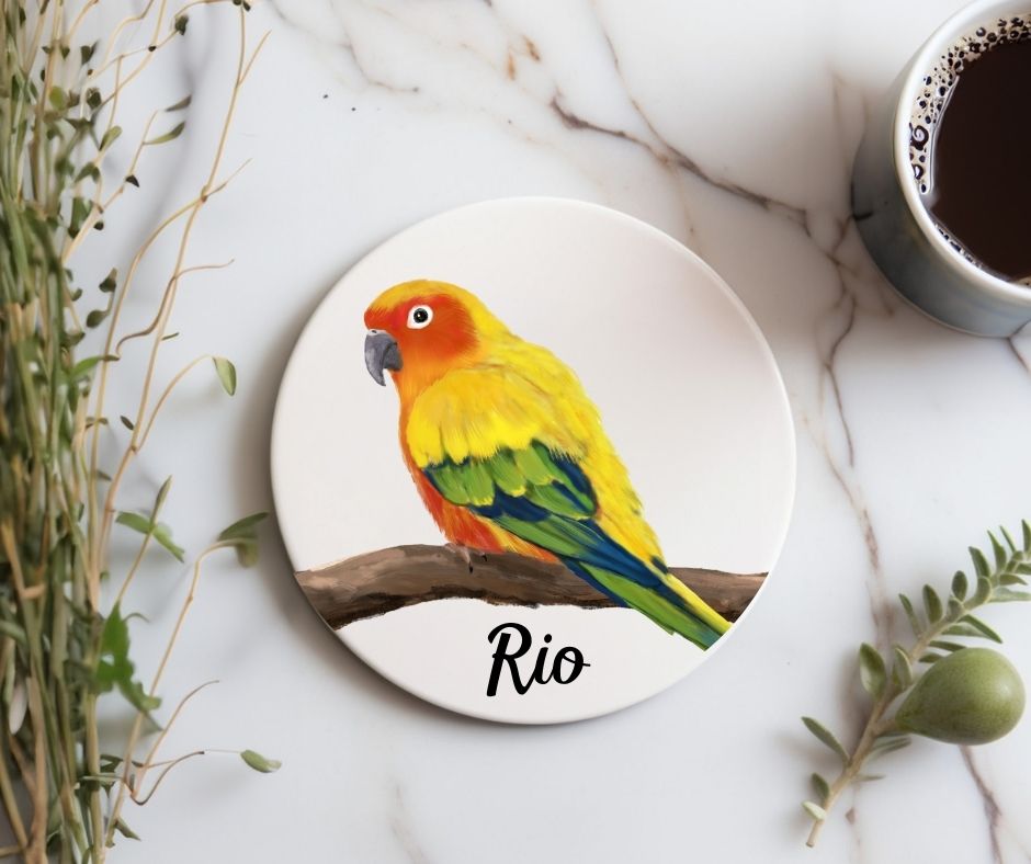 Sun Conure Parrot Ceramic Coaster - MerikaArt