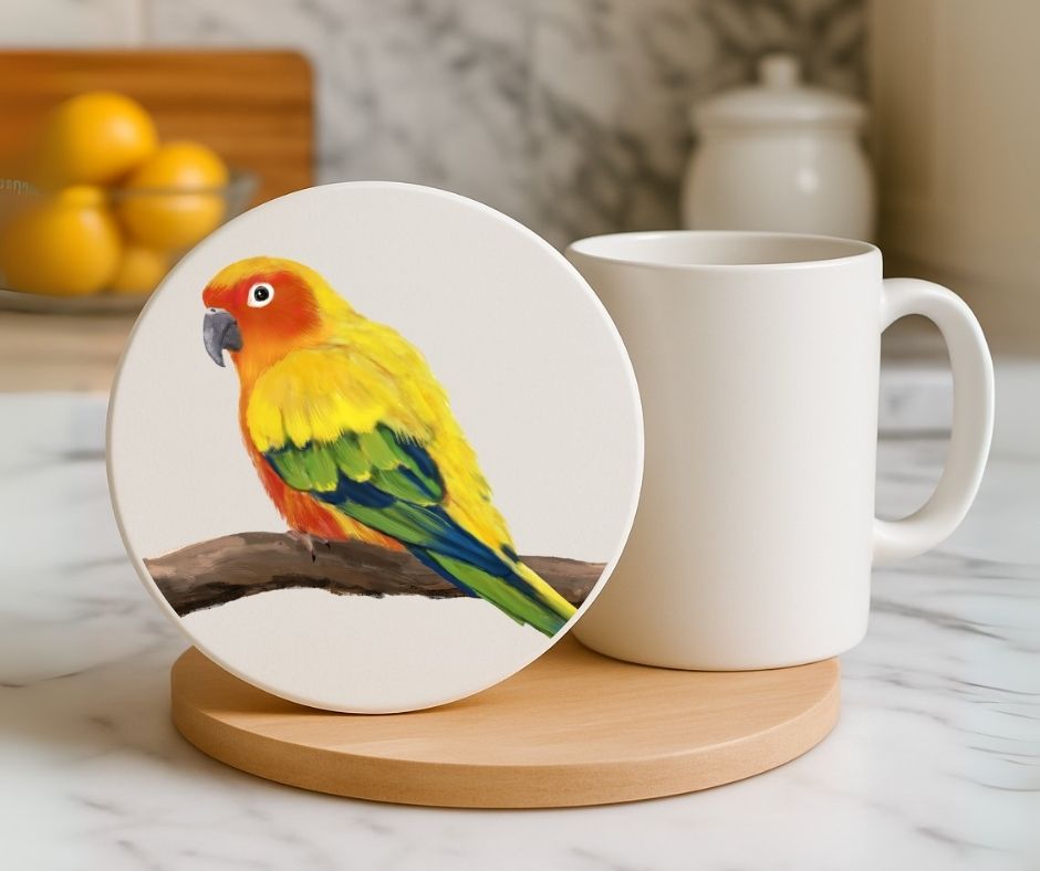 Sun Conure Parrot Ceramic Coaster - MerikaArt