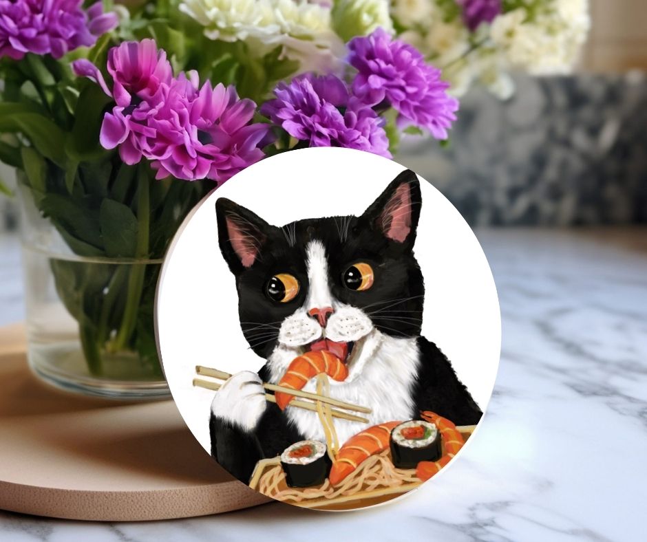 Sushi Lover Tuxedo Cat Ceramic Coaster - MerikaArt