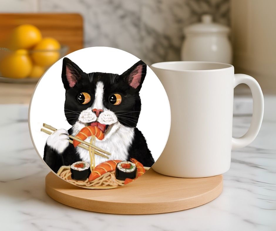 Sushi Lover Tuxedo Cat Ceramic Coaster - MerikaArt