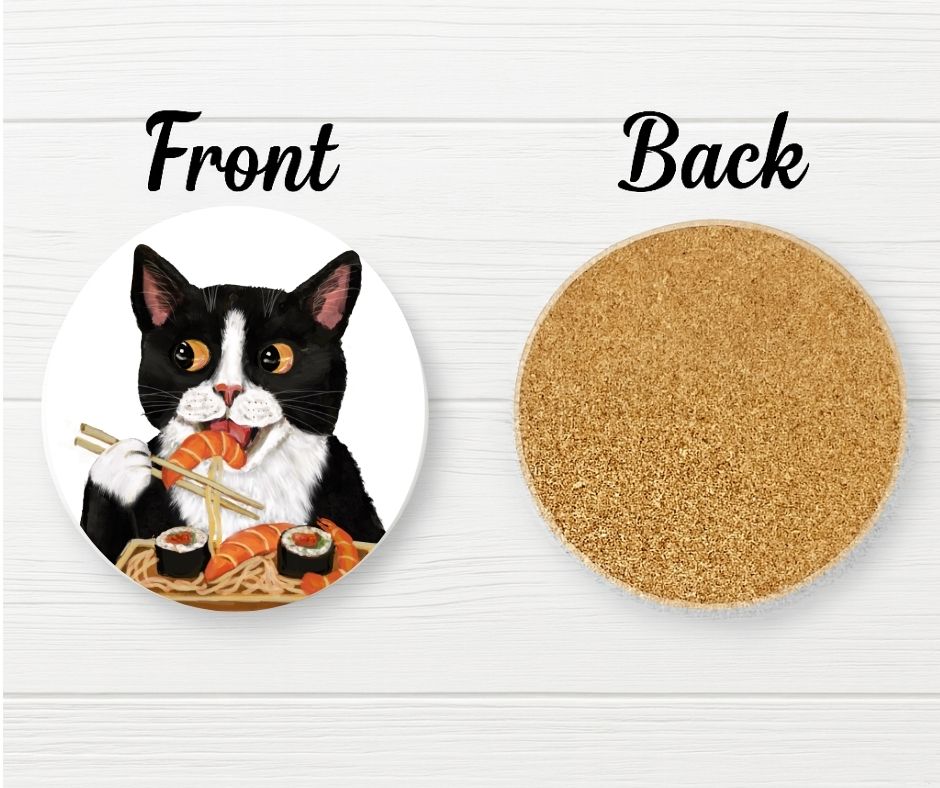 Sushi Lover Tuxedo Cat Ceramic Coaster - MerikaArt