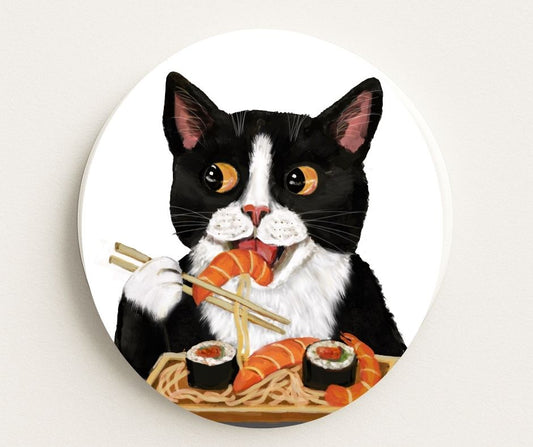 Sushi Lover Tuxedo Cat Ceramic Coaster - MerikaArt