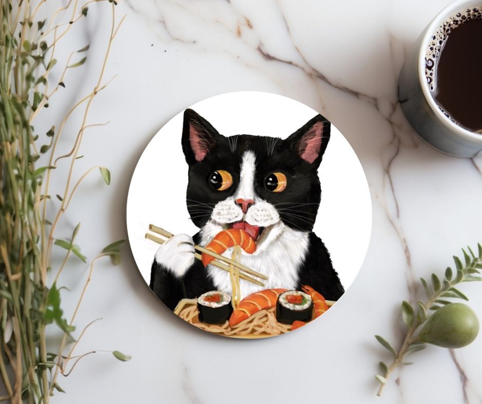 Sushi Lover Tuxedo Cat Ceramic Coaster - MerikaArt