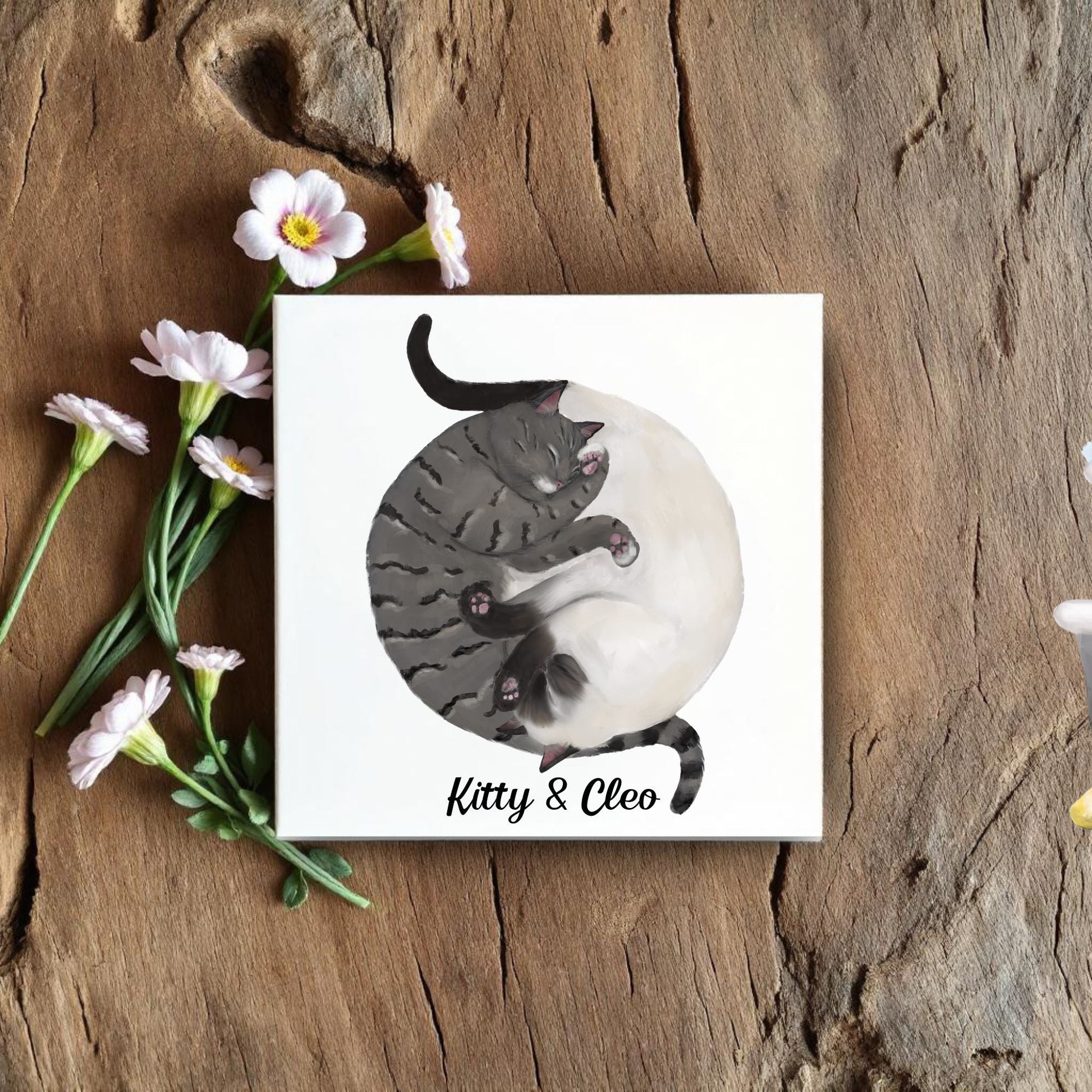 Tabby and Siamese Yin and Yang Cats Ceramic Tile - MerikaArt