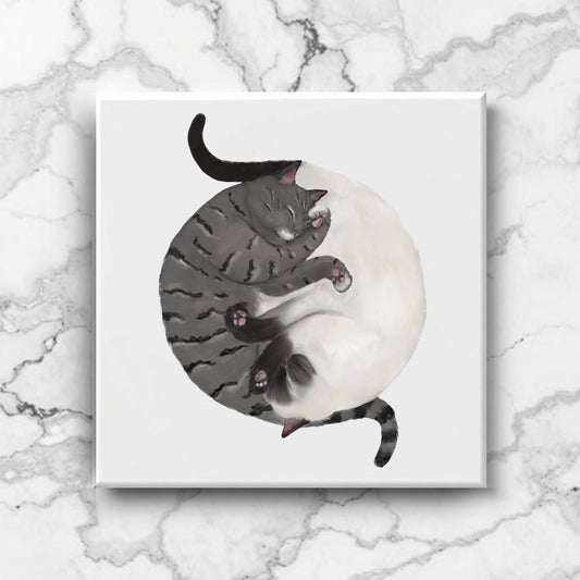 Tabby and Siamese Yin and Yang Cats Ceramic Tile - MerikaArt