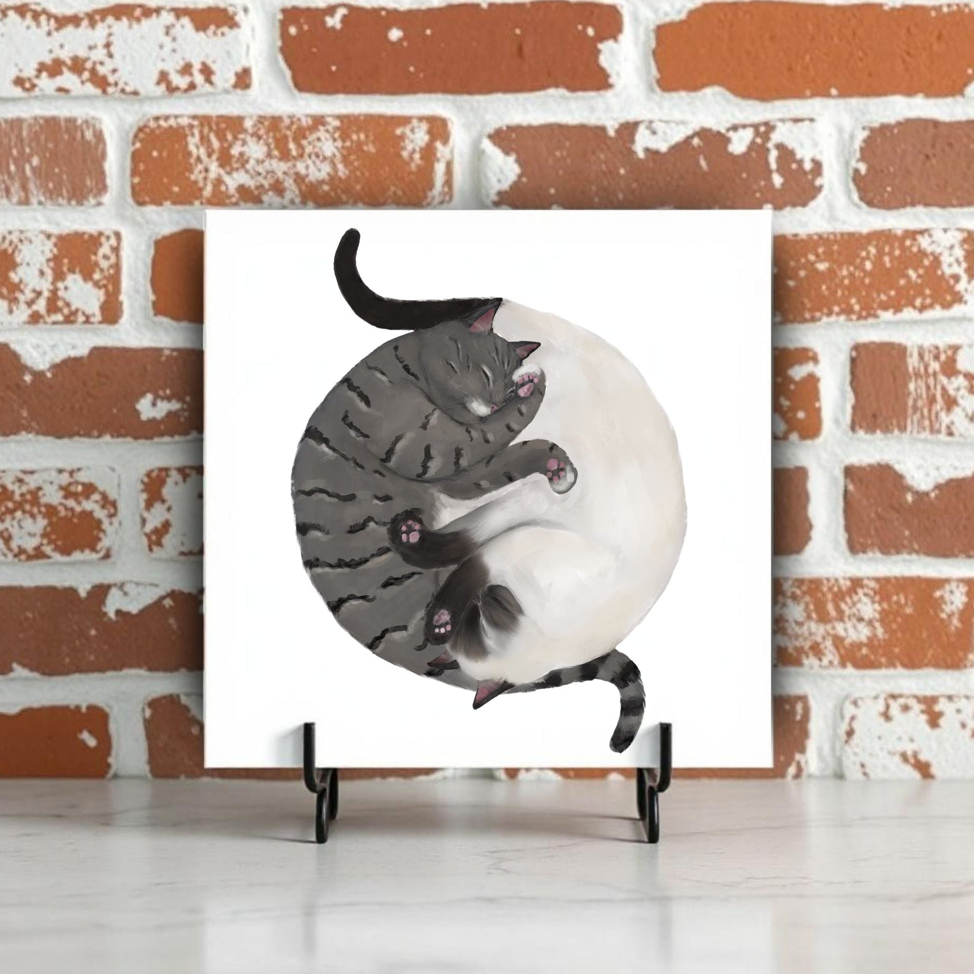 Tabby and Siamese Yin and Yang Cats Ceramic Tile - MerikaArt