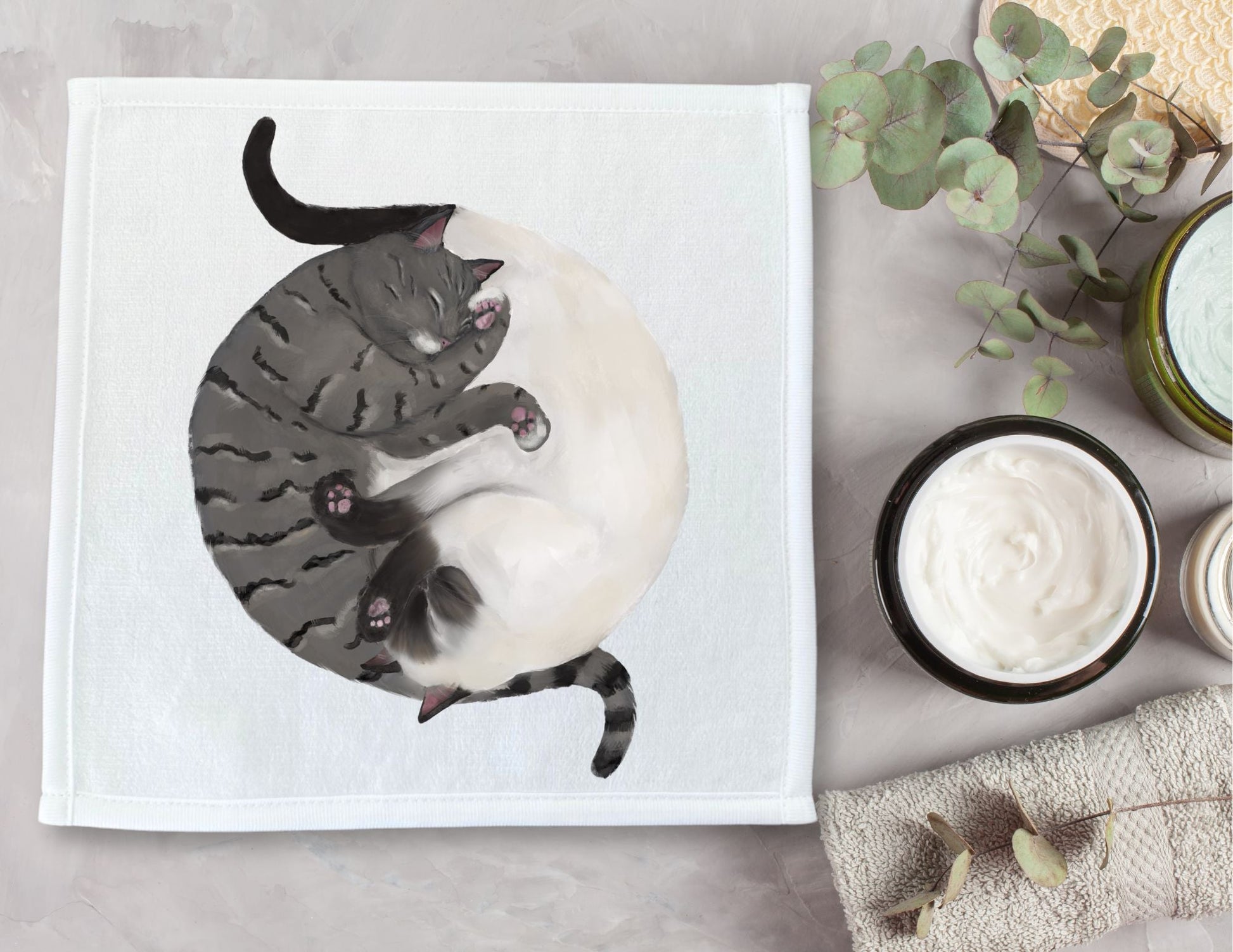 Tabby Cat and Siamese Cat Sleeping Washcloth - MerikaArt