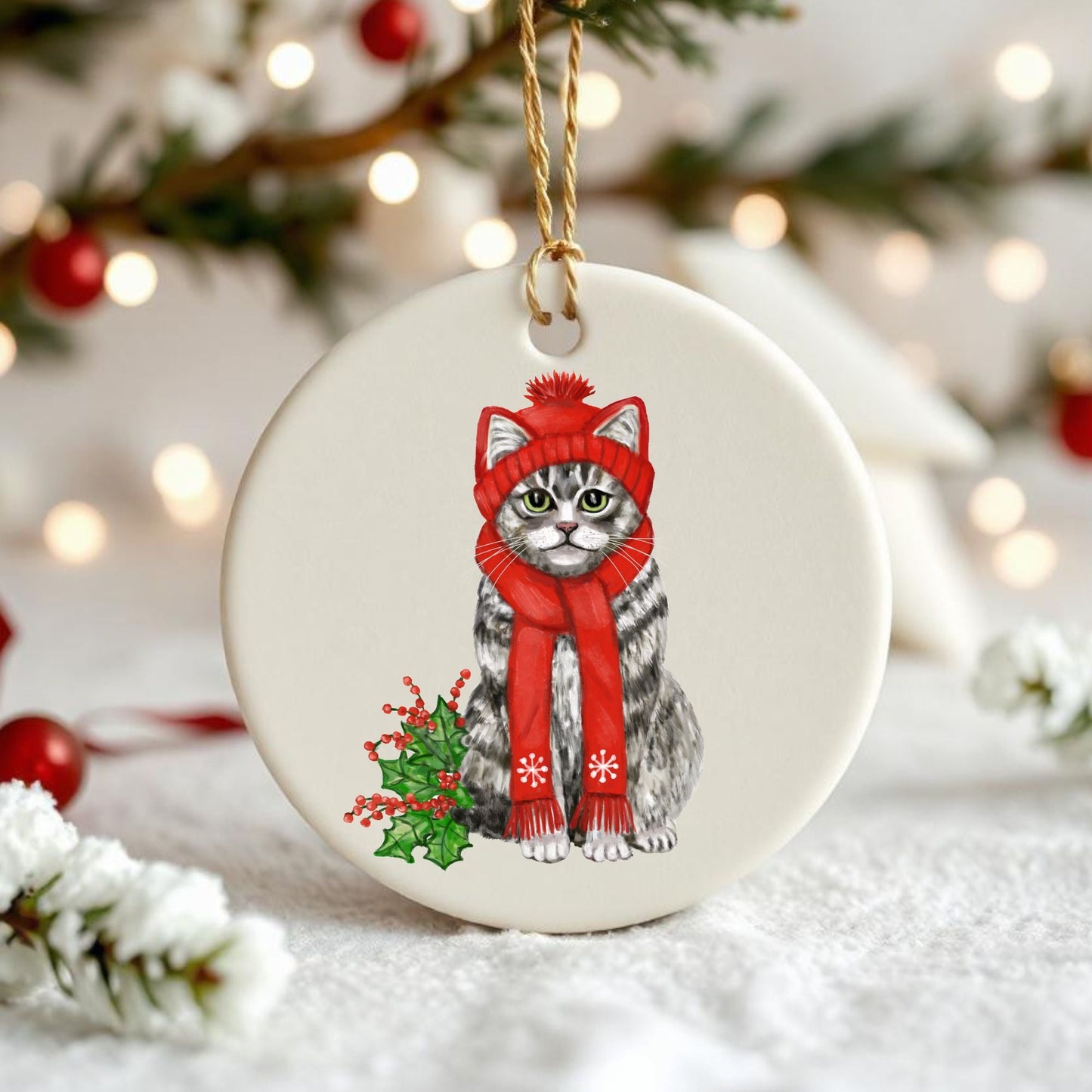 Tabby Cat Ceramic Ornament - MerikaArt