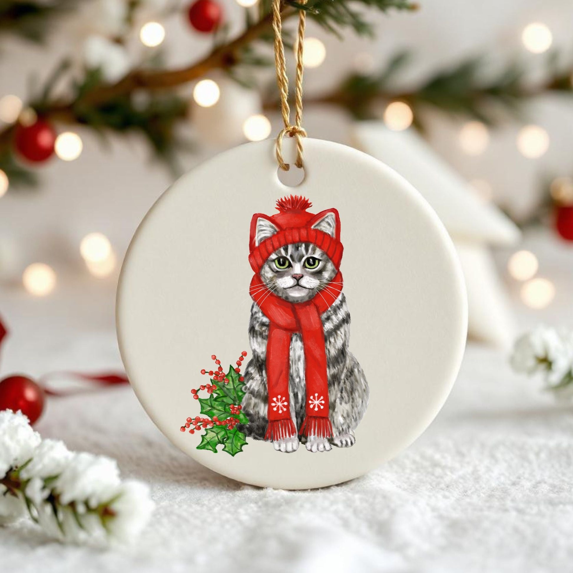 Tabby Cat Ceramic Ornament - MerikaArt