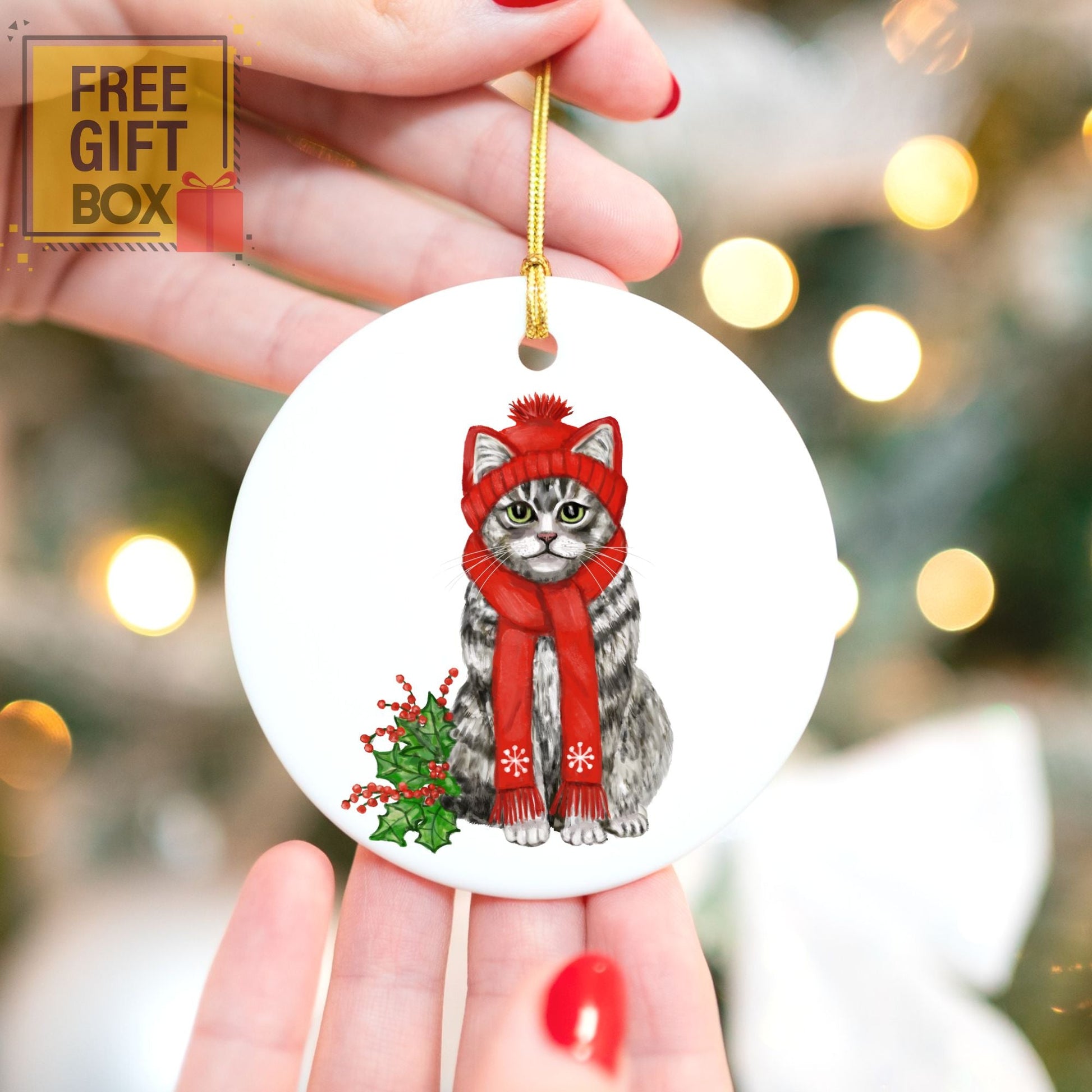 Tabby Cat Ceramic Ornament - MerikaArt