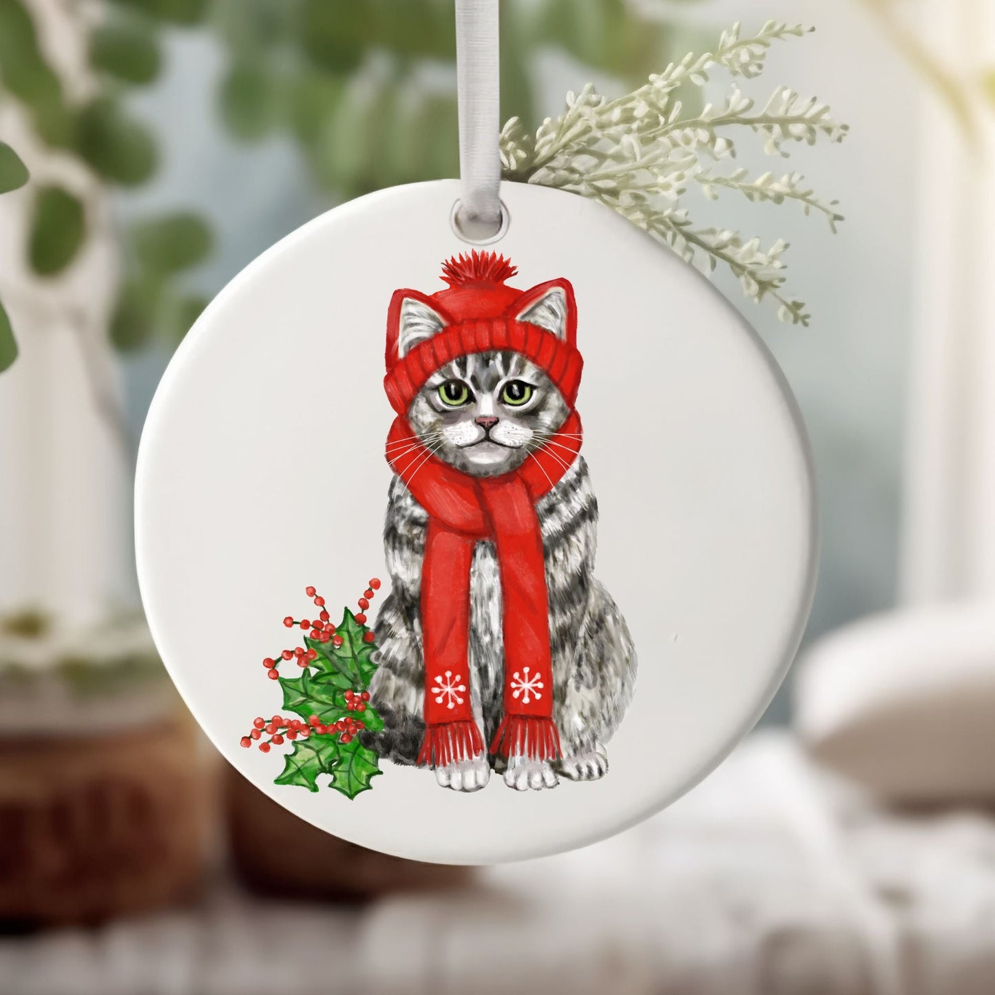 Tabby Cat Ceramic Ornament - MerikaArt