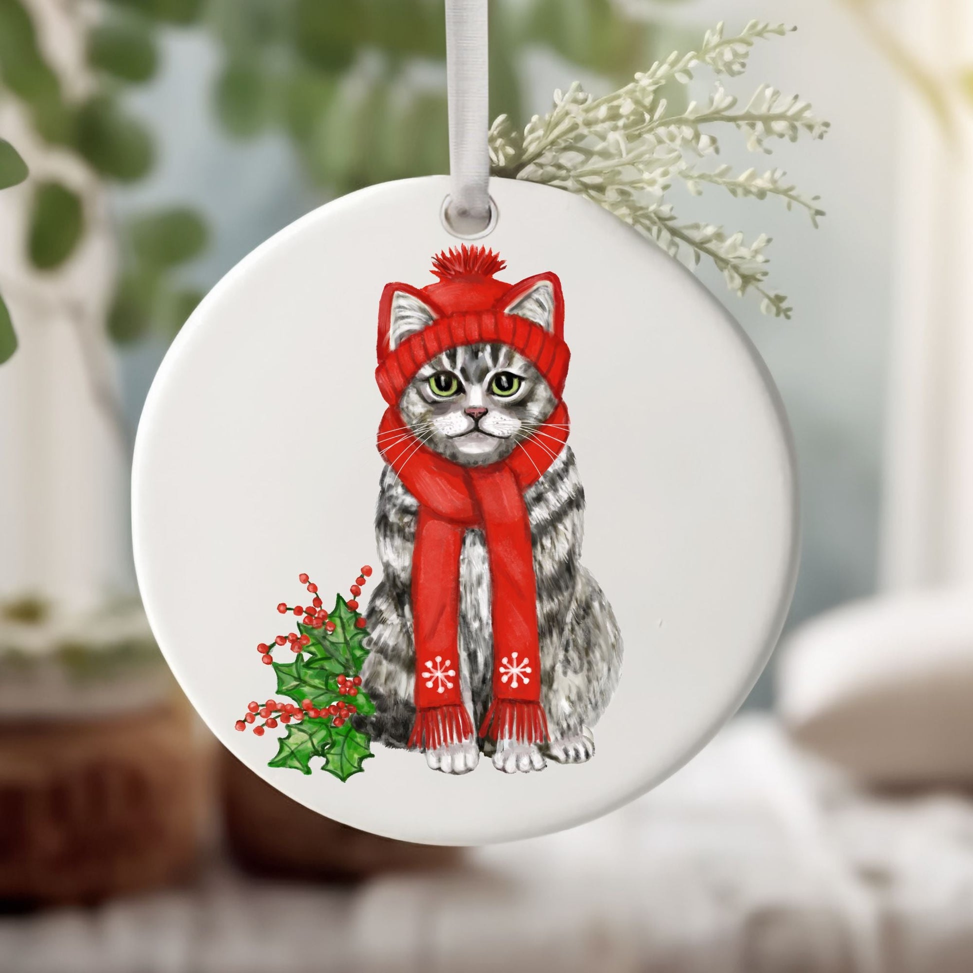 Tabby Cat Ceramic Ornament - MerikaArt