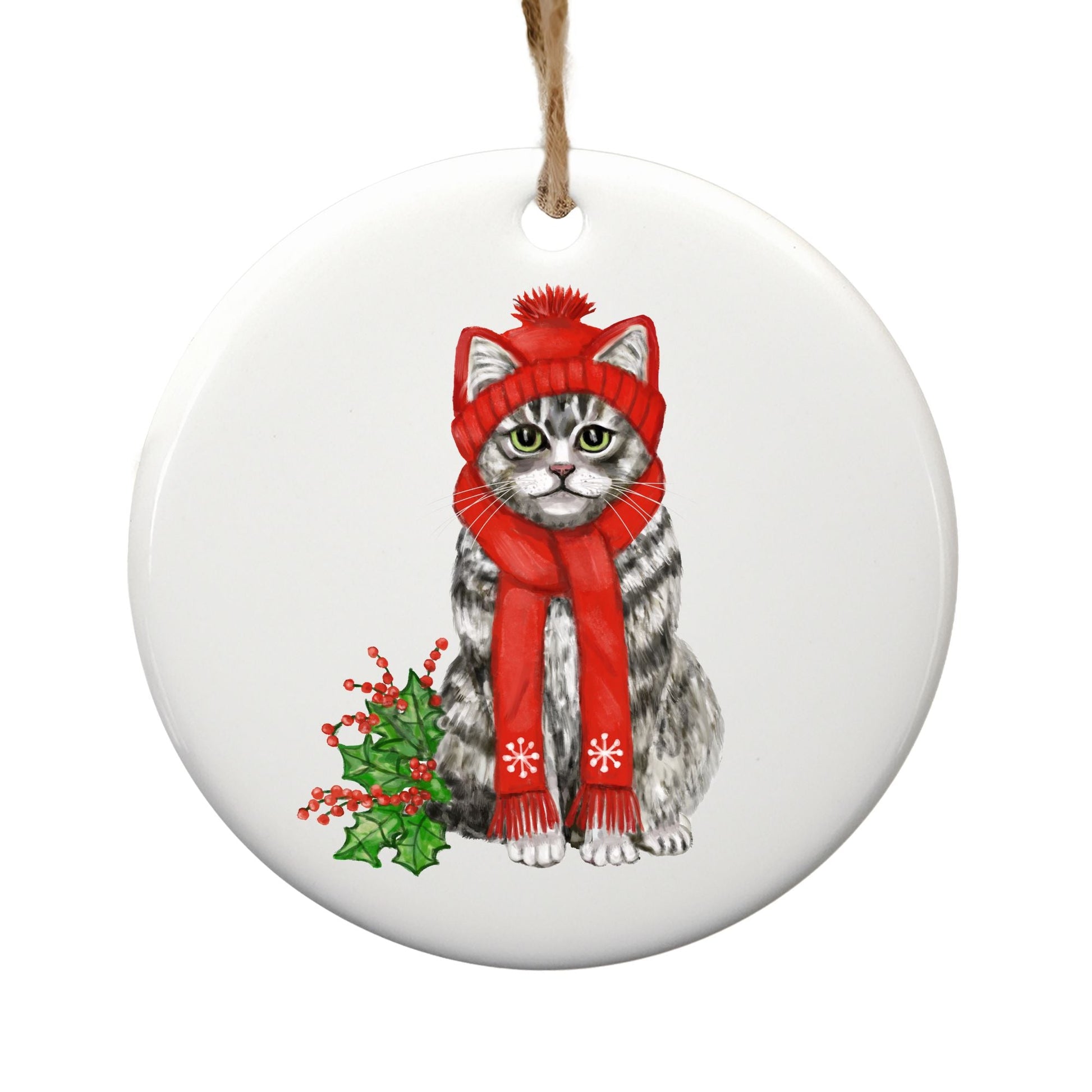 Tabby Cat Ceramic Ornament - MerikaArt