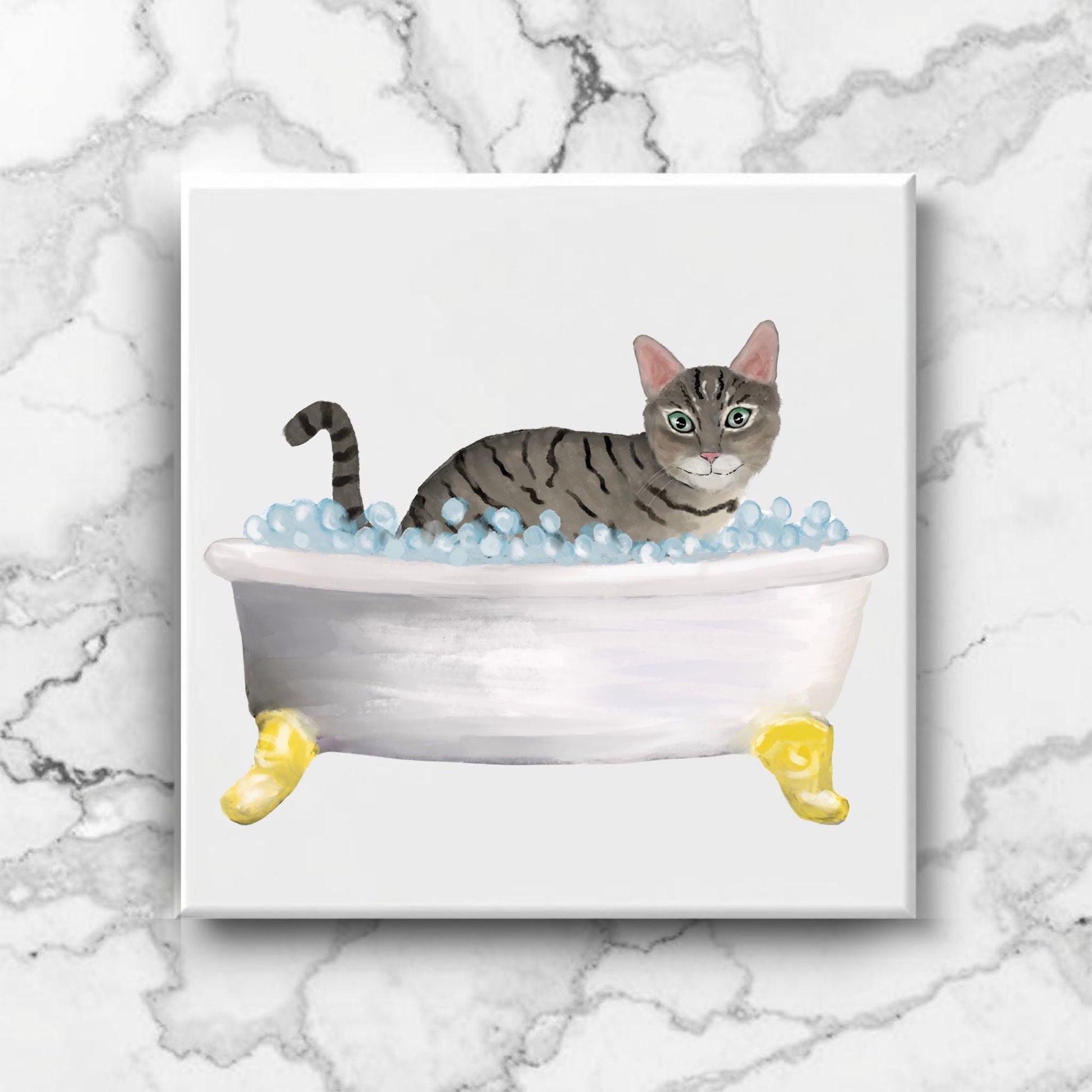 Tabby Cat in Bathtub Ceramic Tile – Handcrafted Whimsical Pet Art Decor - MerikaArt