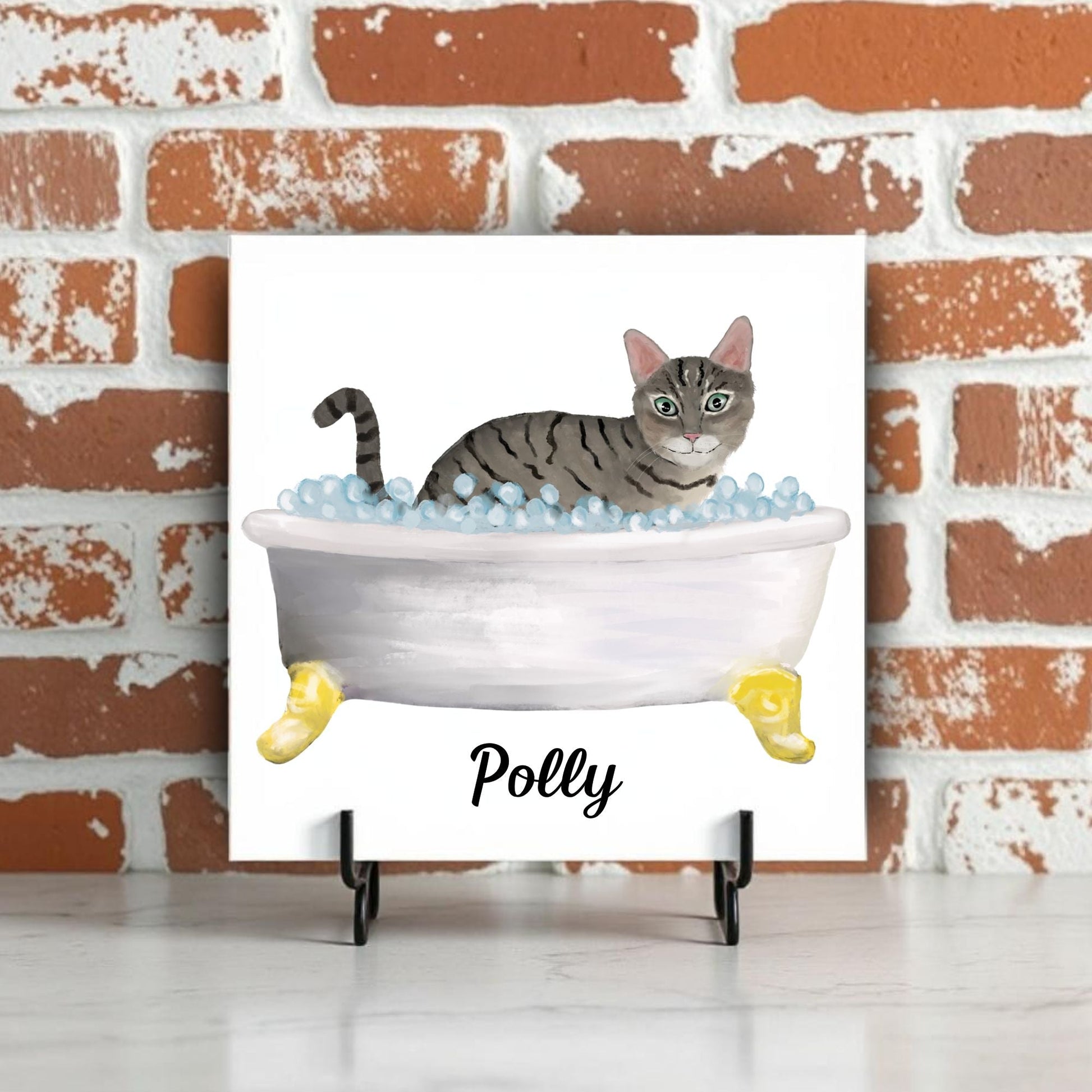 Tabby Cat in Bathtub Ceramic Tile – Handcrafted Whimsical Pet Art Decor - MerikaArt