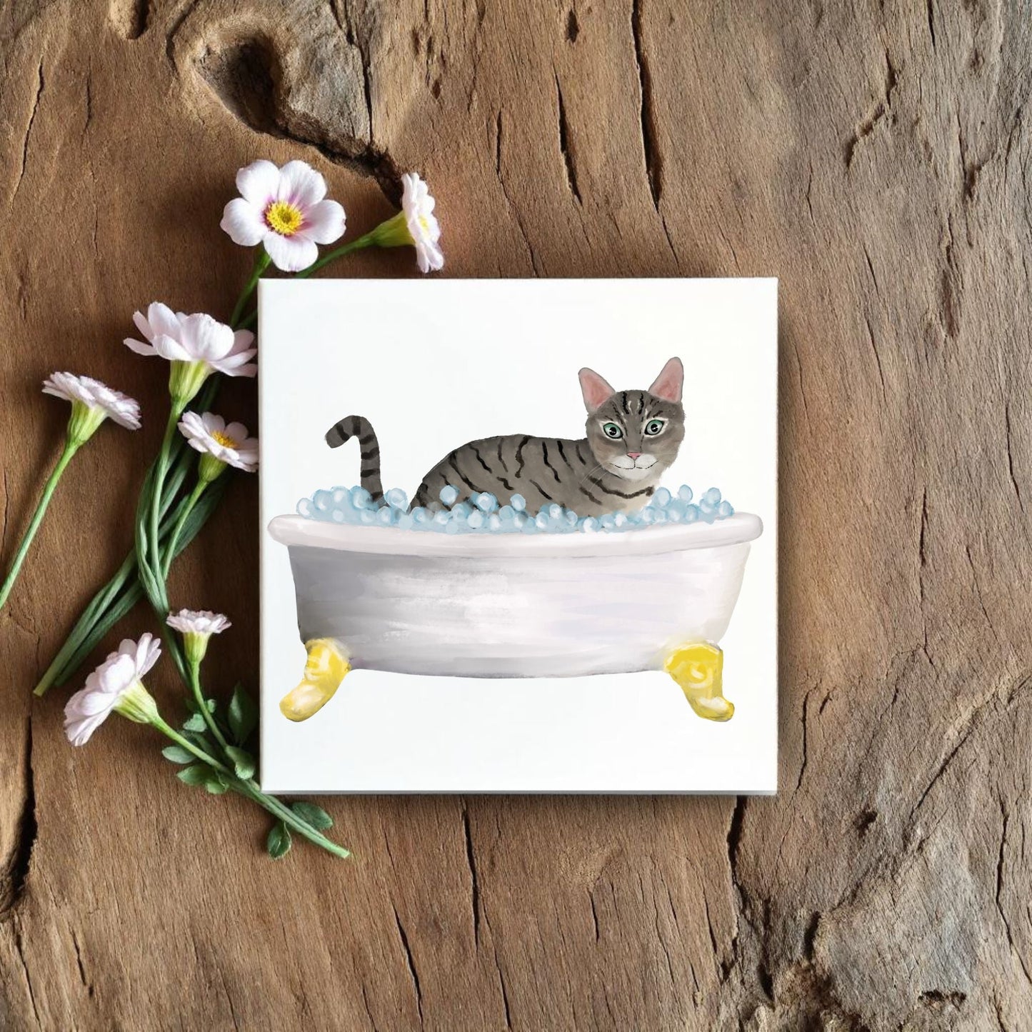 Tabby Cat in Bathtub Ceramic Tile – Handcrafted Whimsical Pet Art Decor - MerikaArt