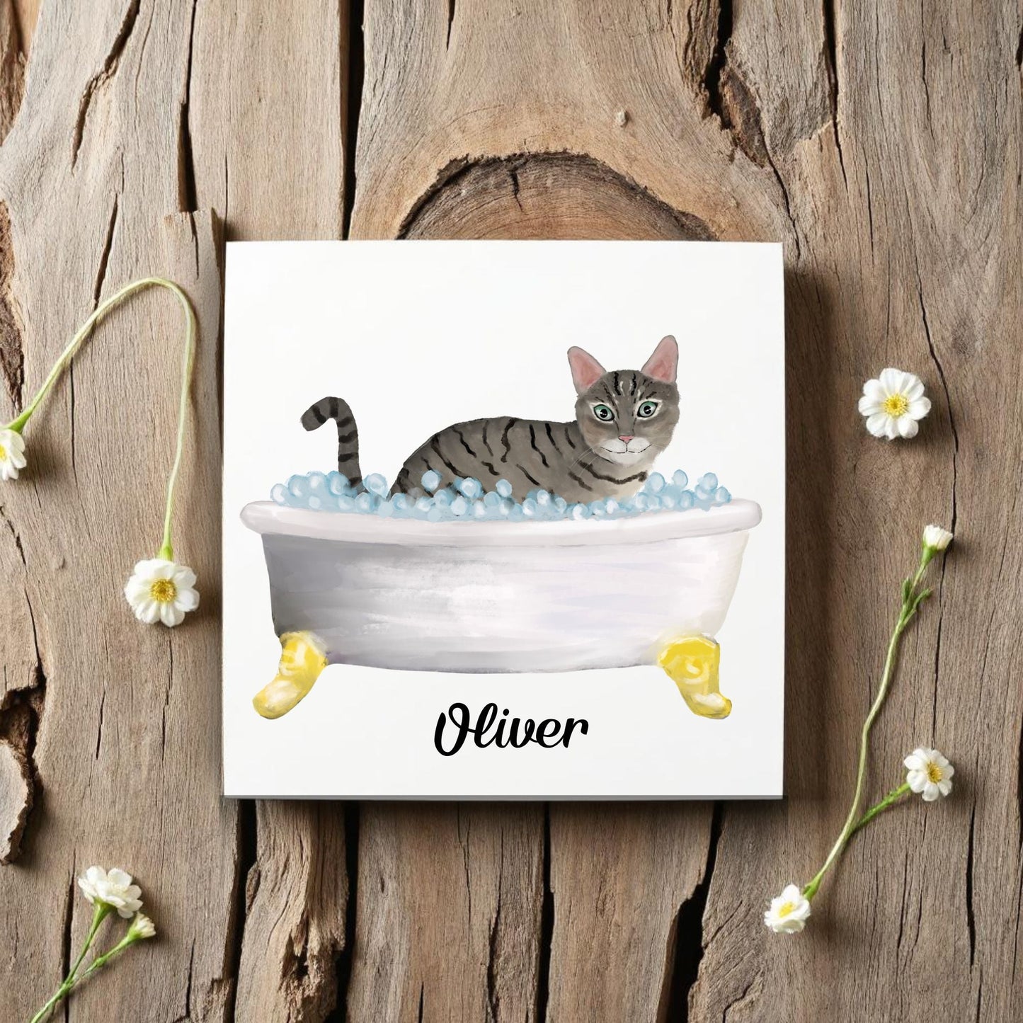 Tabby Cat in Bathtub Ceramic Tile – Handcrafted Whimsical Pet Art Decor - MerikaArt