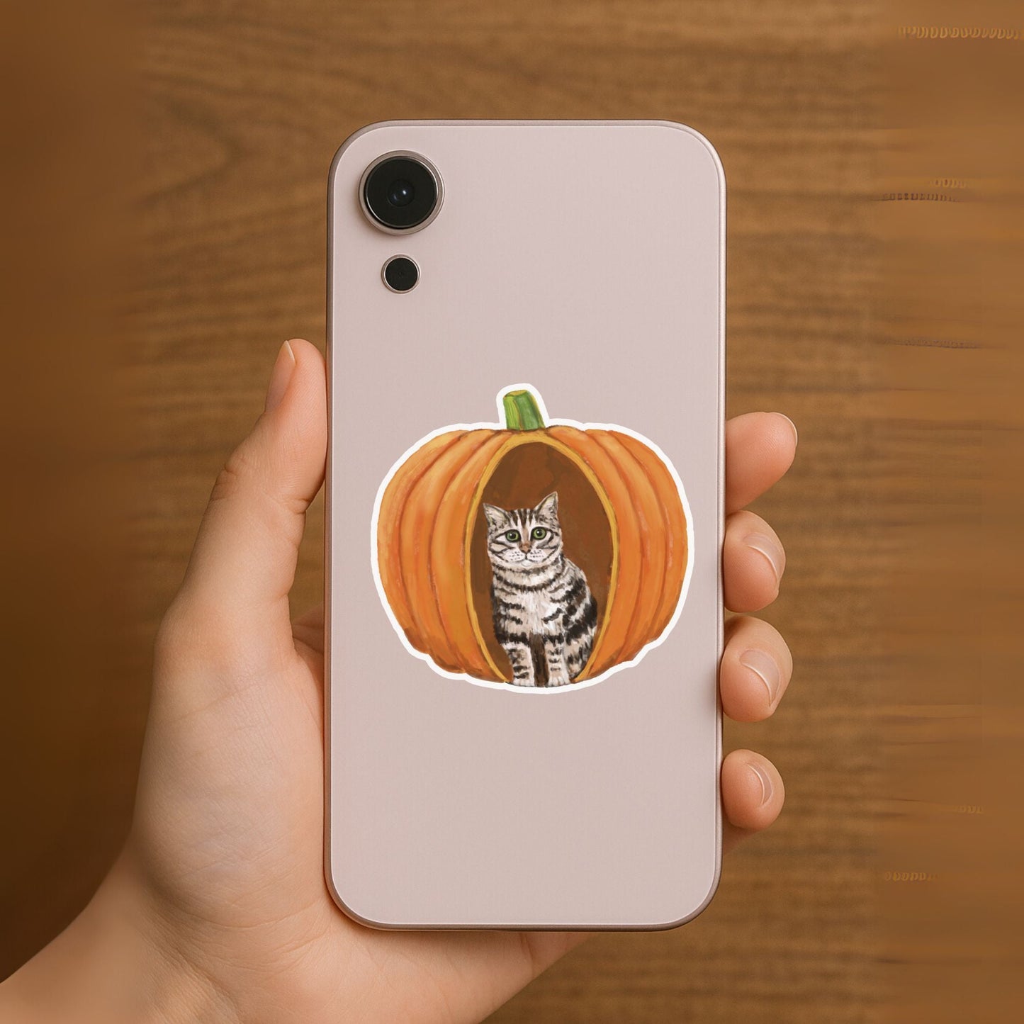 Tabby Cat in Pumpkin Sticker - MerikaArt