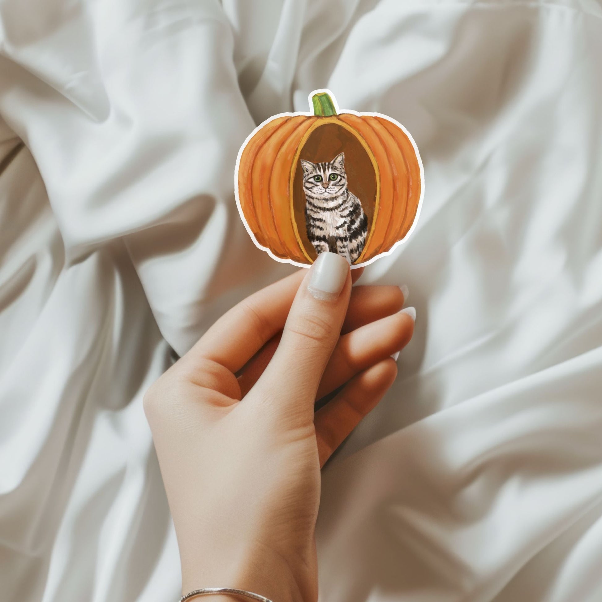 Tabby Cat in Pumpkin Sticker - MerikaArt