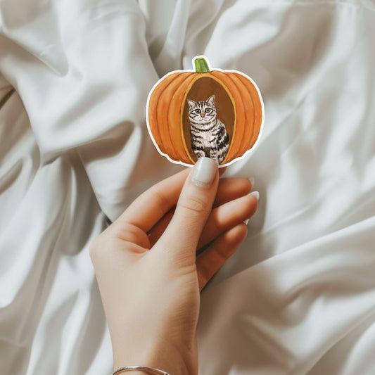 Tabby Cat in Pumpkin Sticker - MerikaArt