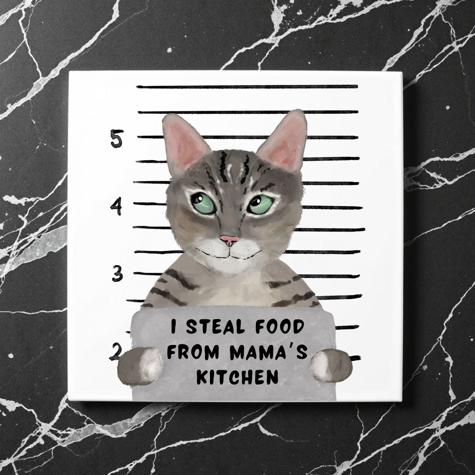 Tabby Cat Mugshot Ceramic Tile - MerikaArt