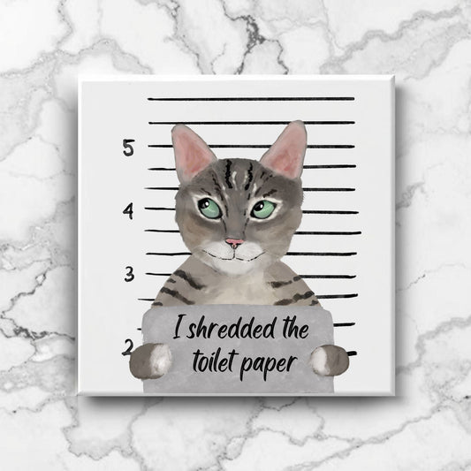 Tabby Cat Mugshot Ceramic Tile – Handcrafted Whimsical Pet Art Decor - MerikaArt