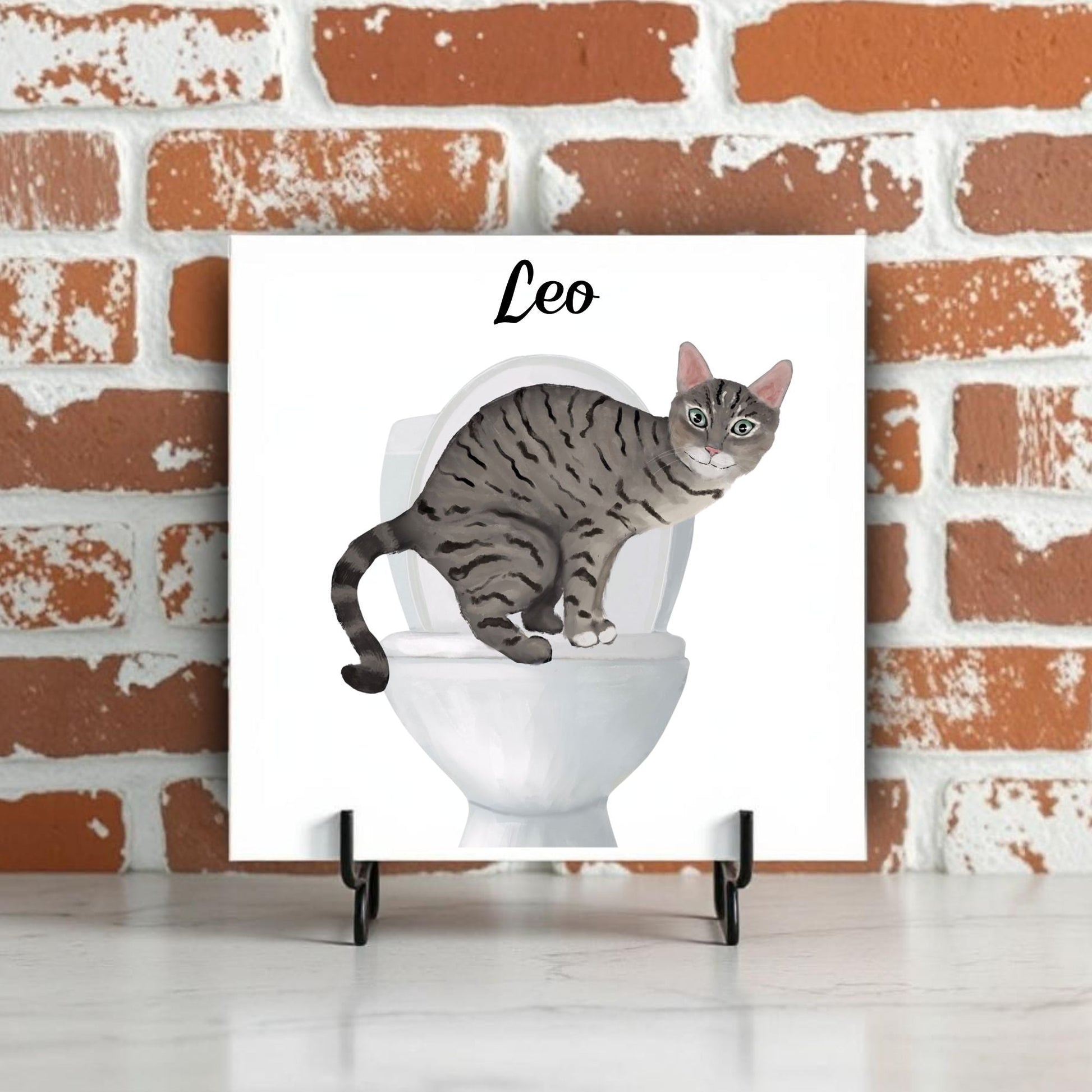 Tabby Cat on Toilet Ceramic Tile – Handcrafted Feline Humor Decor - MerikaArt