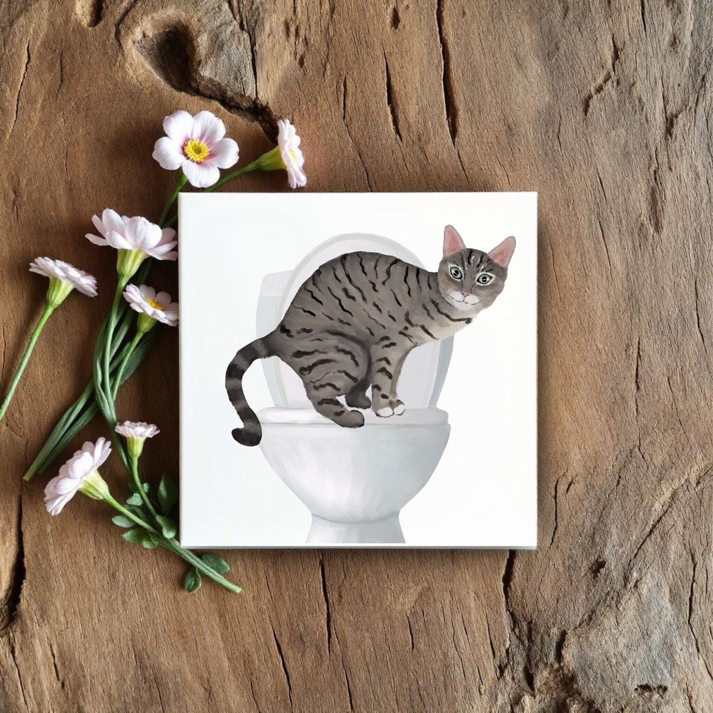 Tabby Cat on Toilet Ceramic Tile – Handcrafted Feline Humor Decor - MerikaArt