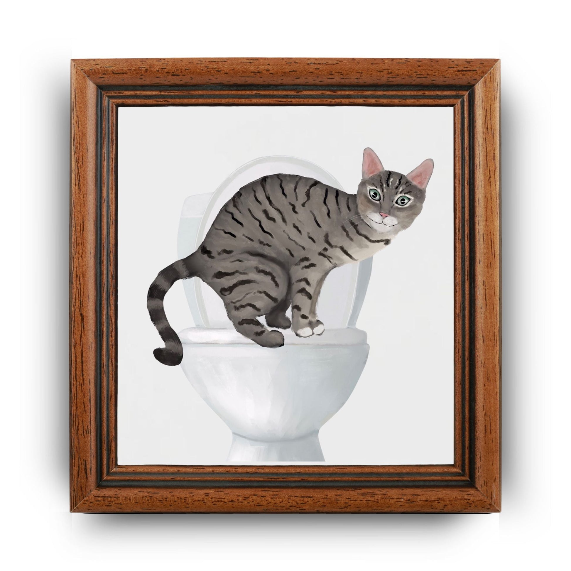 Tabby Cat on Toilet Ceramic Tile – Handcrafted Feline Humor Decor - MerikaArt