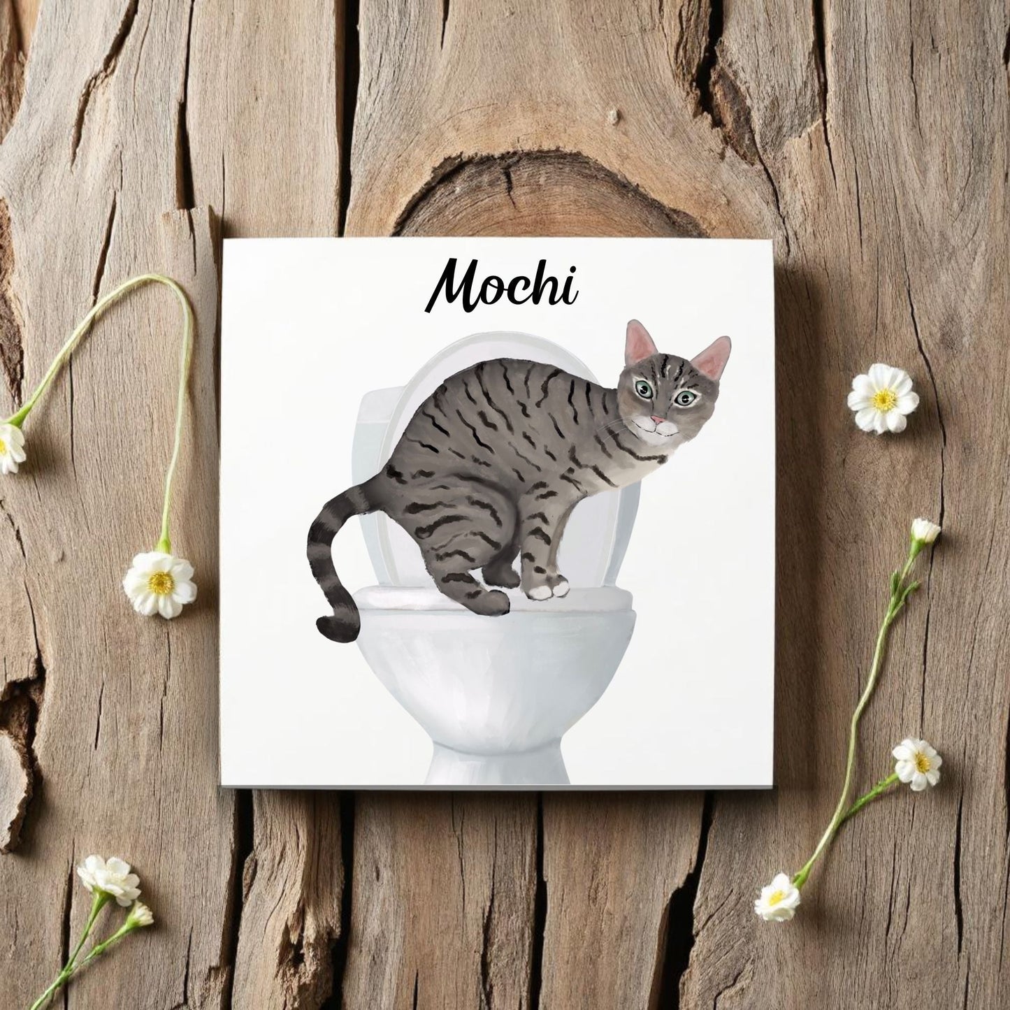 Tabby Cat on Toilet Ceramic Tile – Handcrafted Feline Humor Decor - MerikaArt